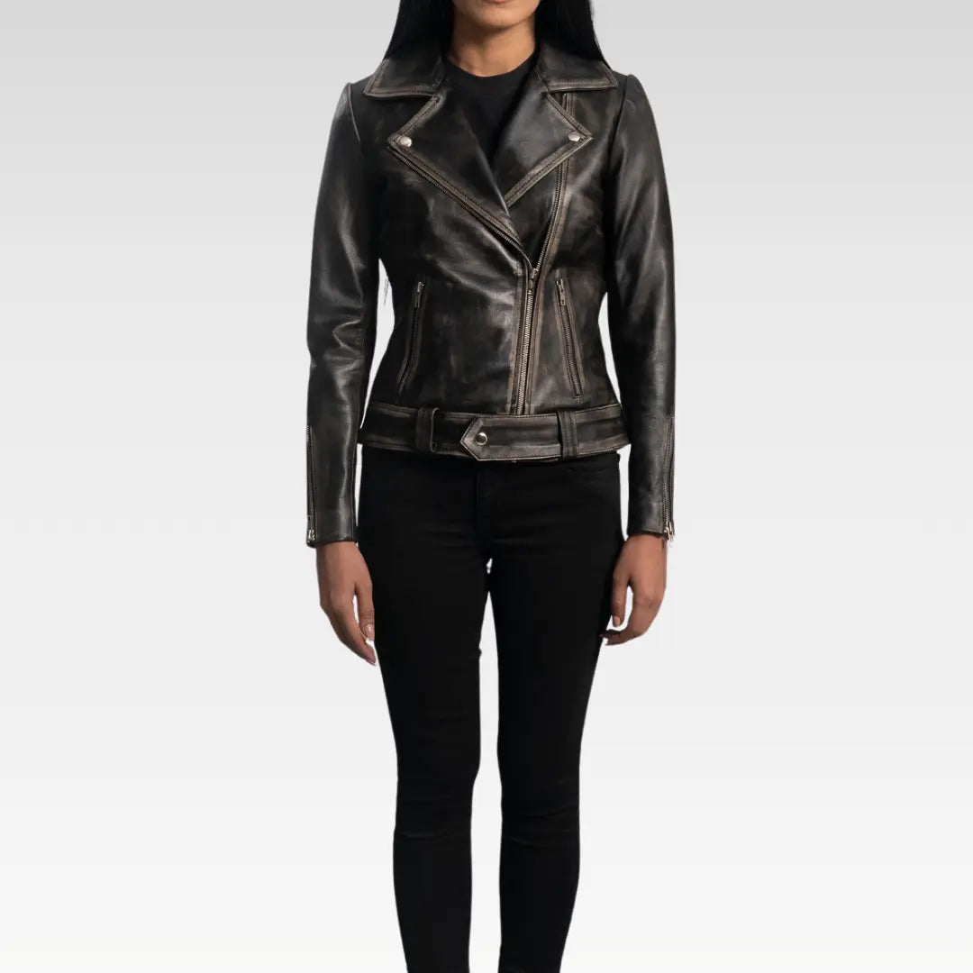 Rumy Distressed Brown Leather Biker Jacket