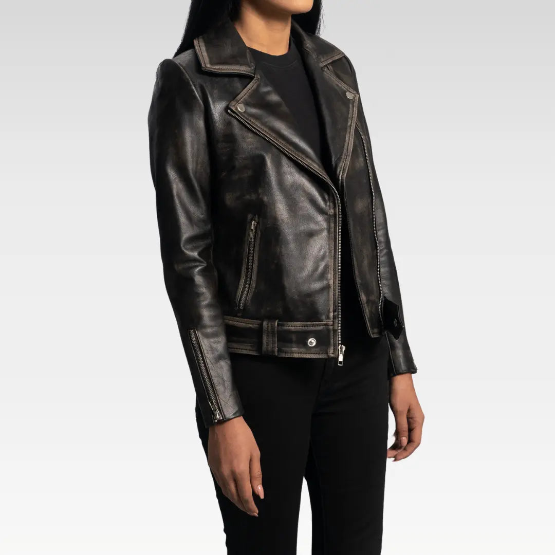 Rumy Distressed Brown Leather Biker Jacket