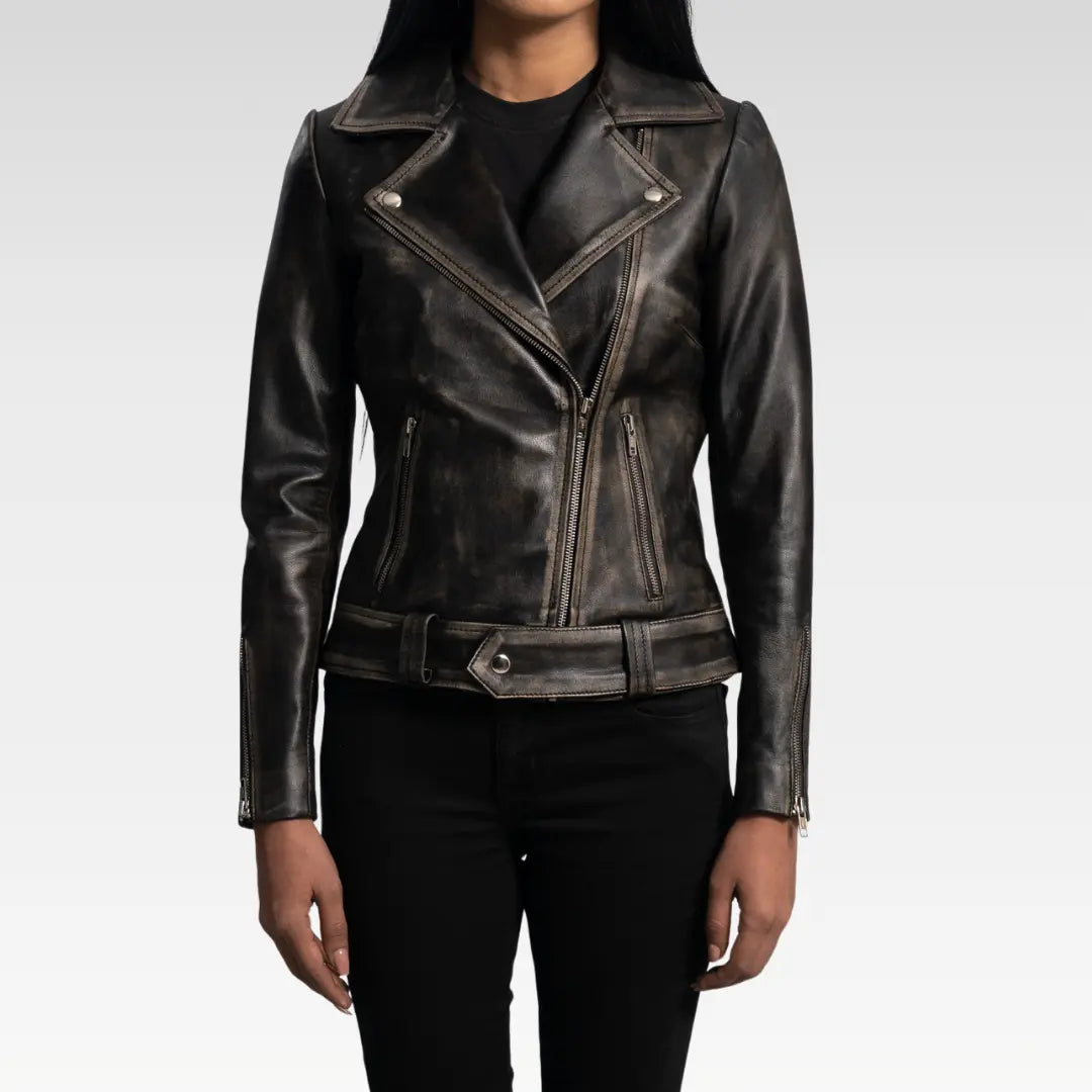 Rumy Distressed Brown Leather Biker Jacket