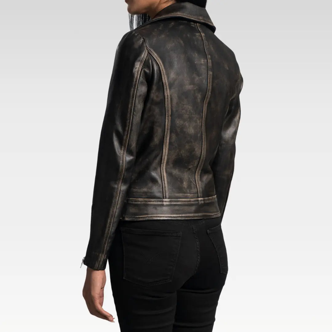 Rumy Distressed Brown Leather Biker Jacket