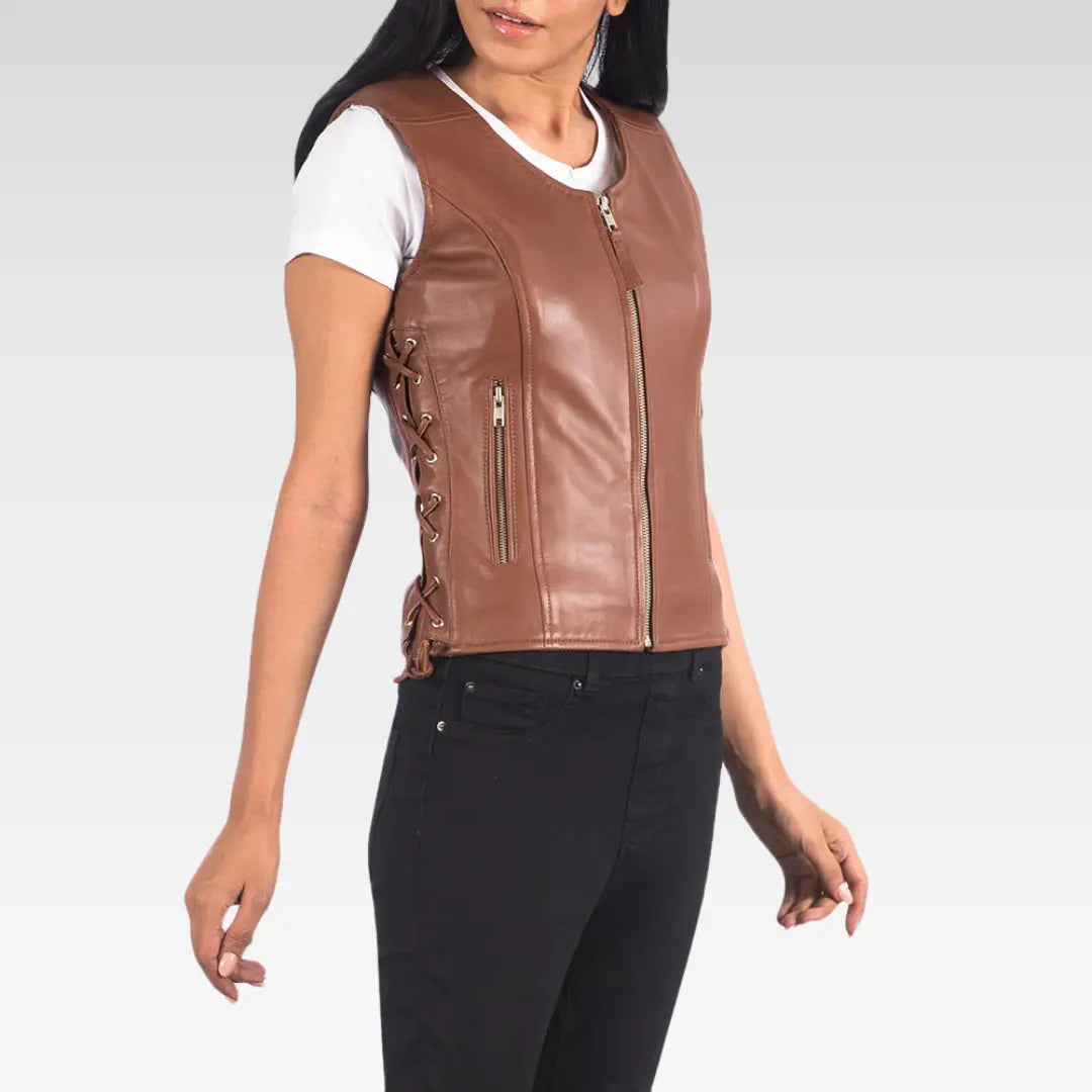 Stylish brown biker vest shown from a side pose with clean silhouette