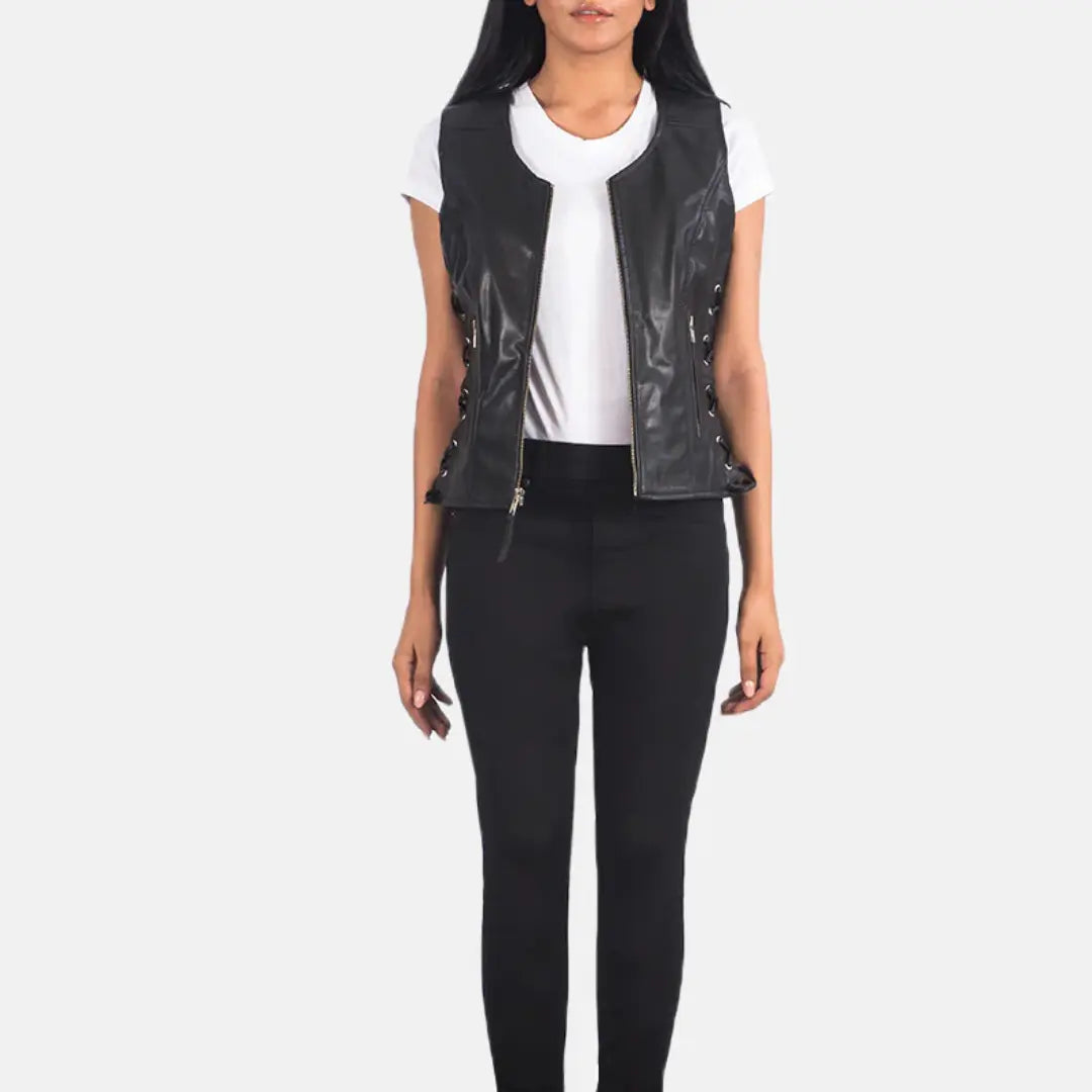 Side profile view of black goatskin leather biker vest with quilted inner lining