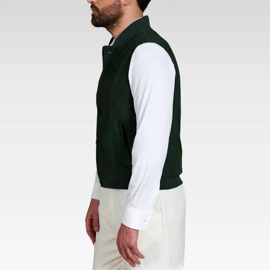 Right side angle of slim fit green leather vest for men, showing structured cut and collar detail.