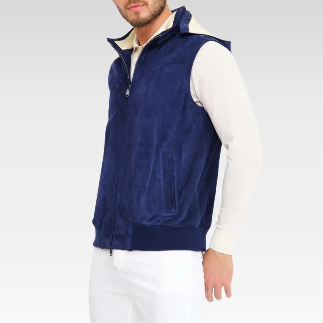 Side angle of a man wearing a stylish navy suede leather vest over a white long sleeve shirt