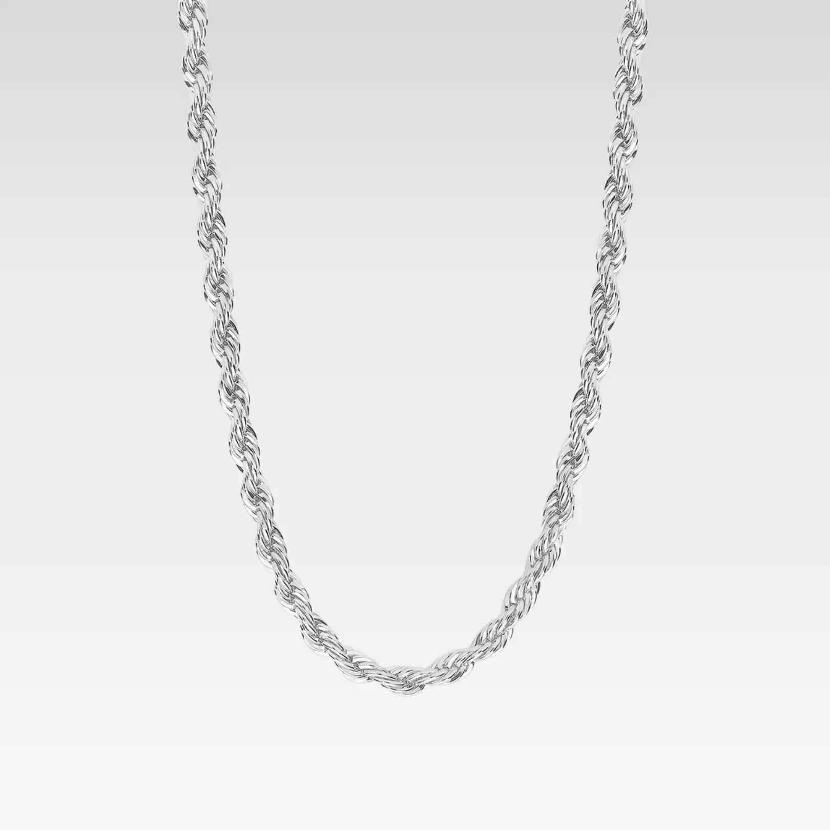 Sterling silver rope twist chain necklace laid flat showing intricate braided pattern, lobster clasp, and polished silver finish"