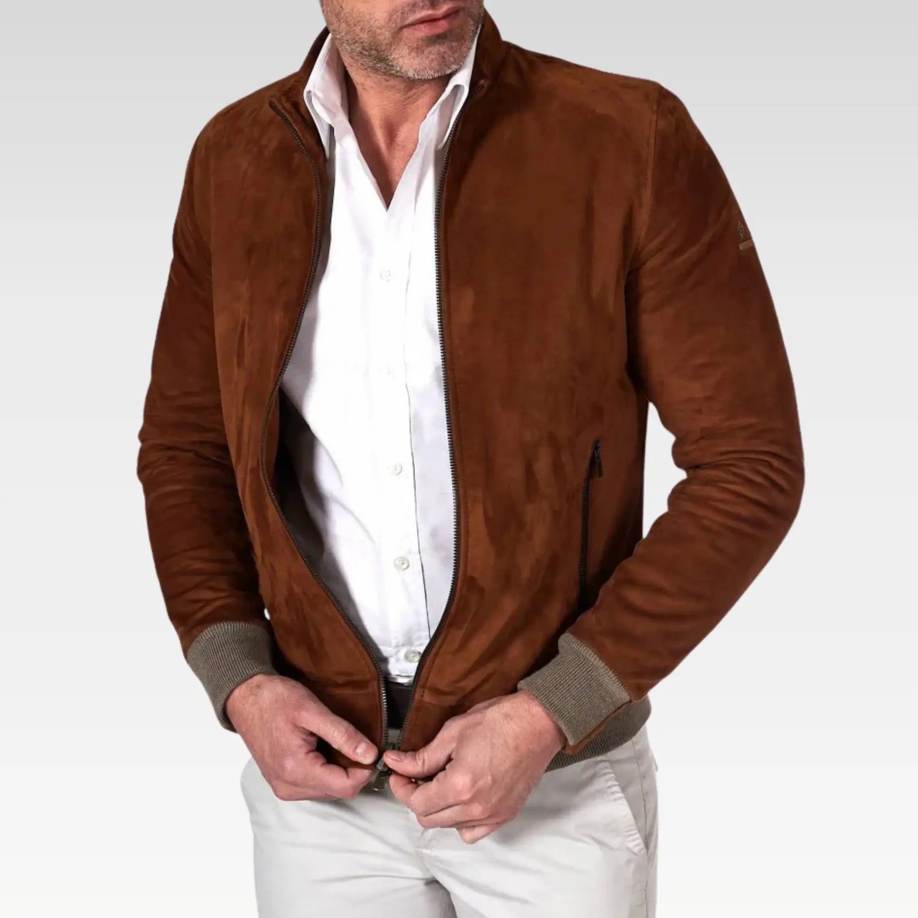 Tan suede lamb leather bomber jacket korean collar