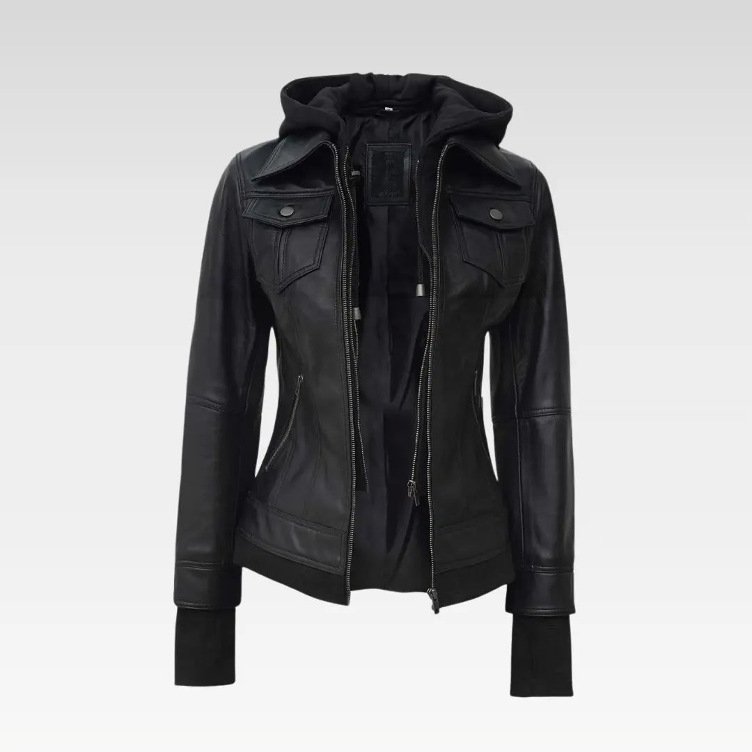 Tralee Black Bomber Women's Leather Jacket With Hood