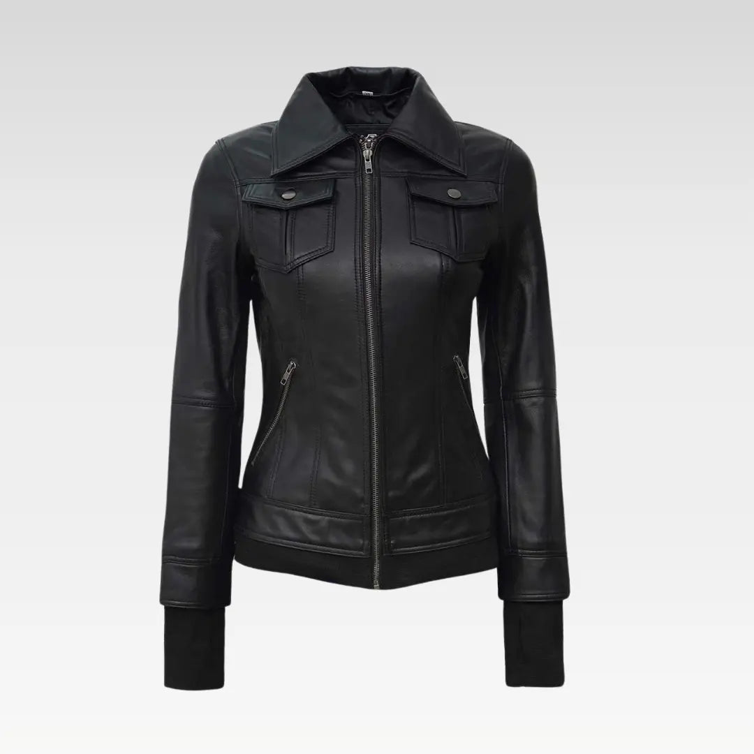 Tralee Black Bomber Women's Leather Jacket With Hood