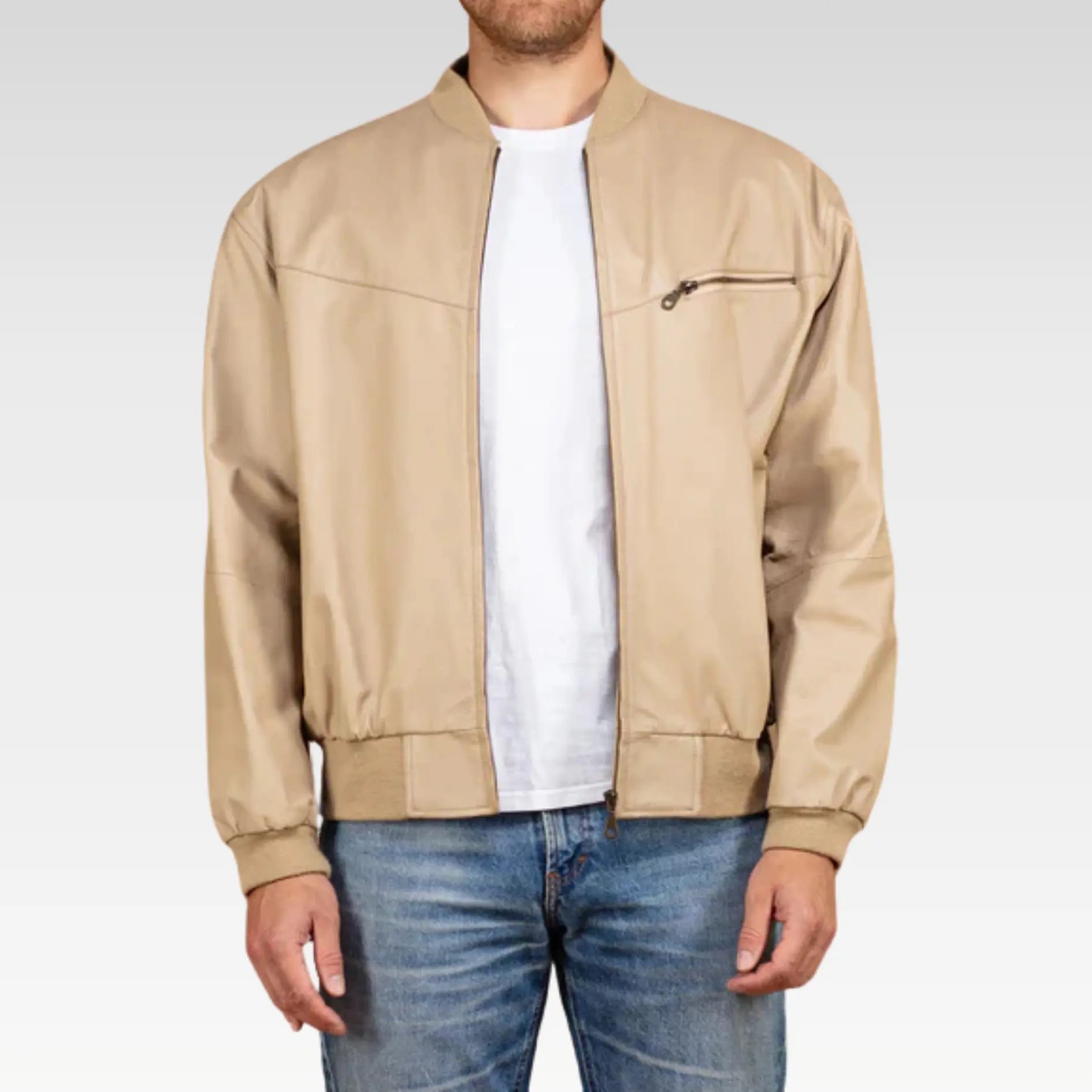 Vintage 90's Men Leather Bomber Jacket in Beige