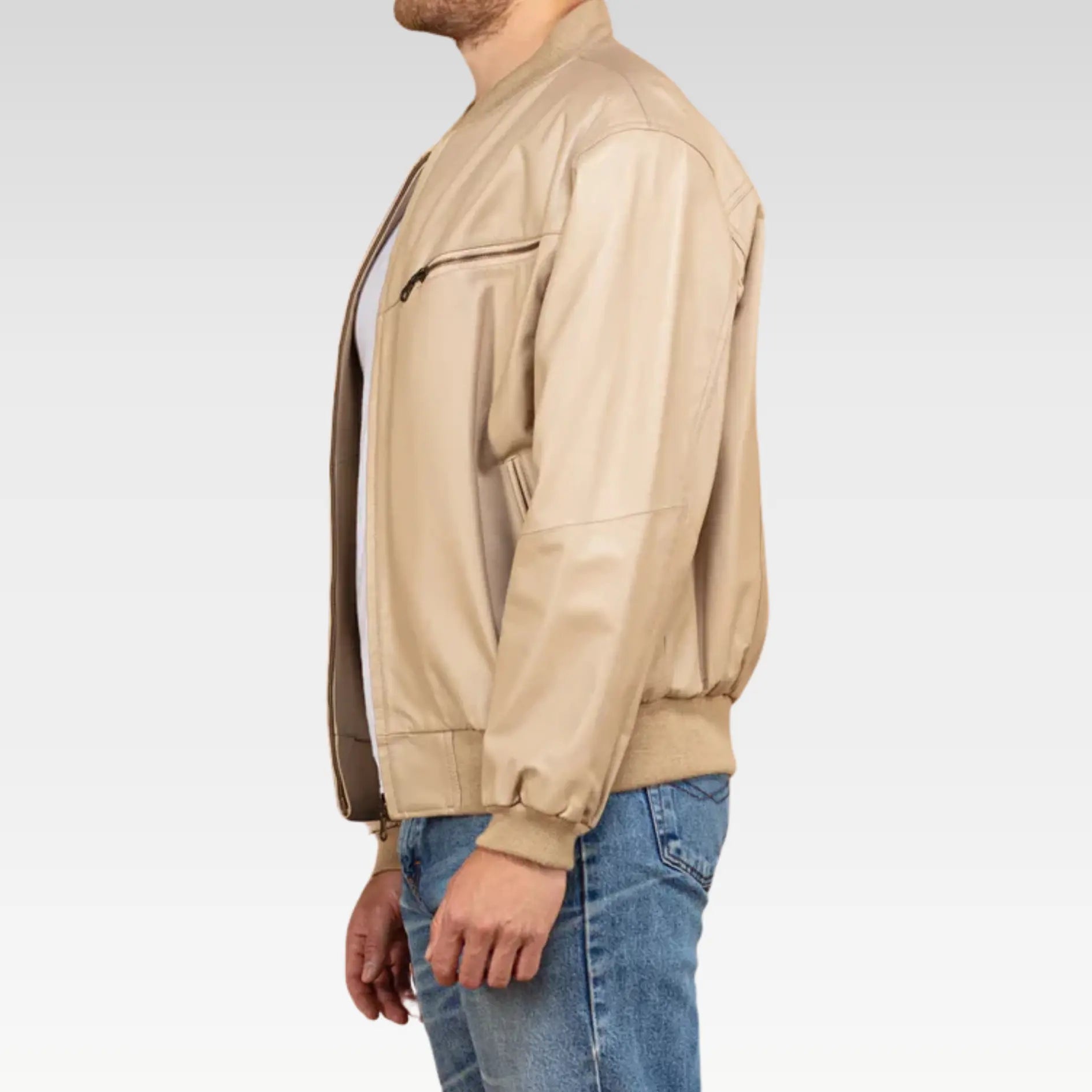 Vintage 90's Men Leather Bomber Jacket in Beige