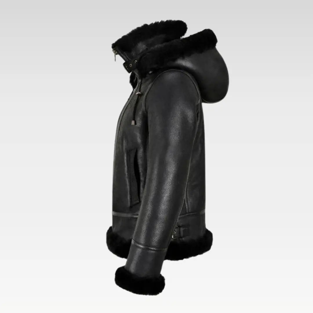 WOMENS B3 BOMBER HOODED CLASSIC BLACK SHEARLING JACKET