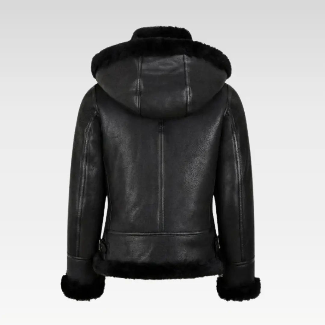WOMENS B3 BOMBER HOODED CLASSIC BLACK SHEARLING JACKET