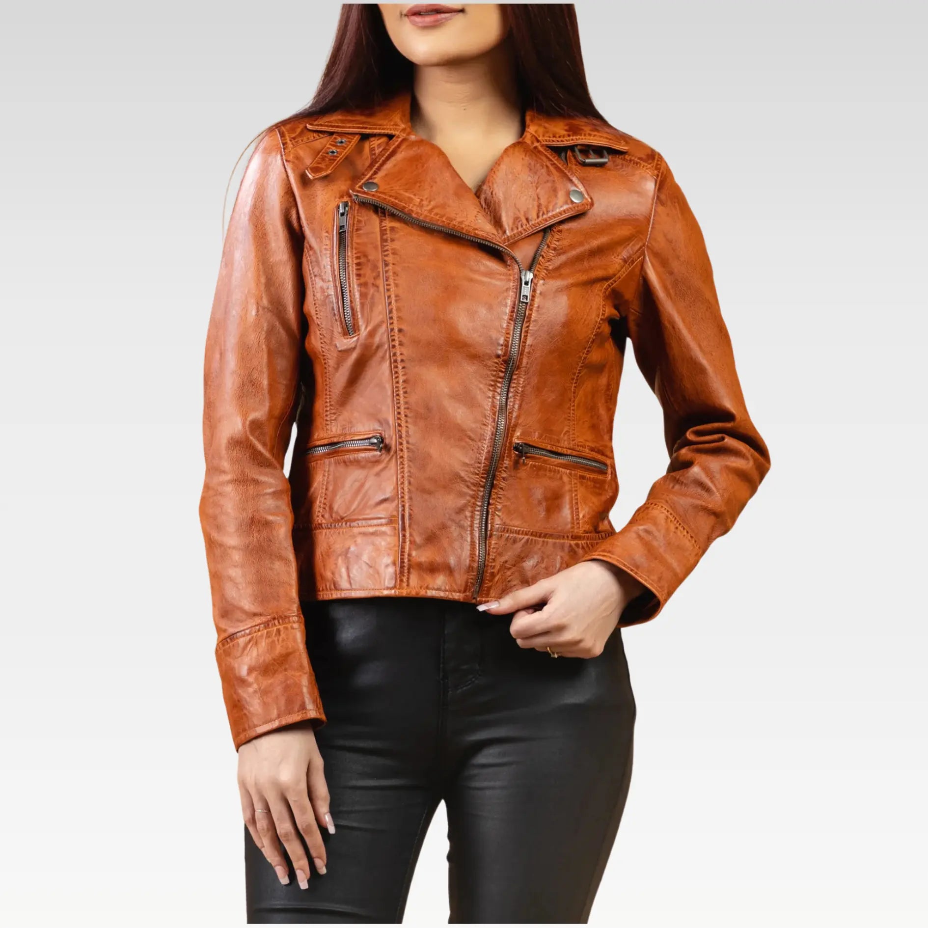 Tan Brown Real Leather Biker Jacket