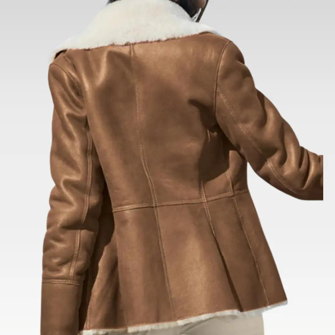 Women Camel Brown B3 Shearling Pilot Leather Aviator Jacket