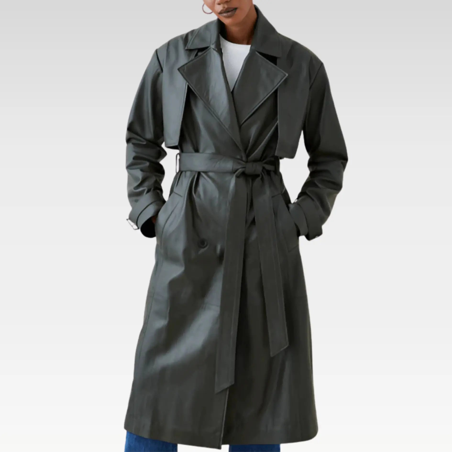 Women's Leather Trench Coat In Olive