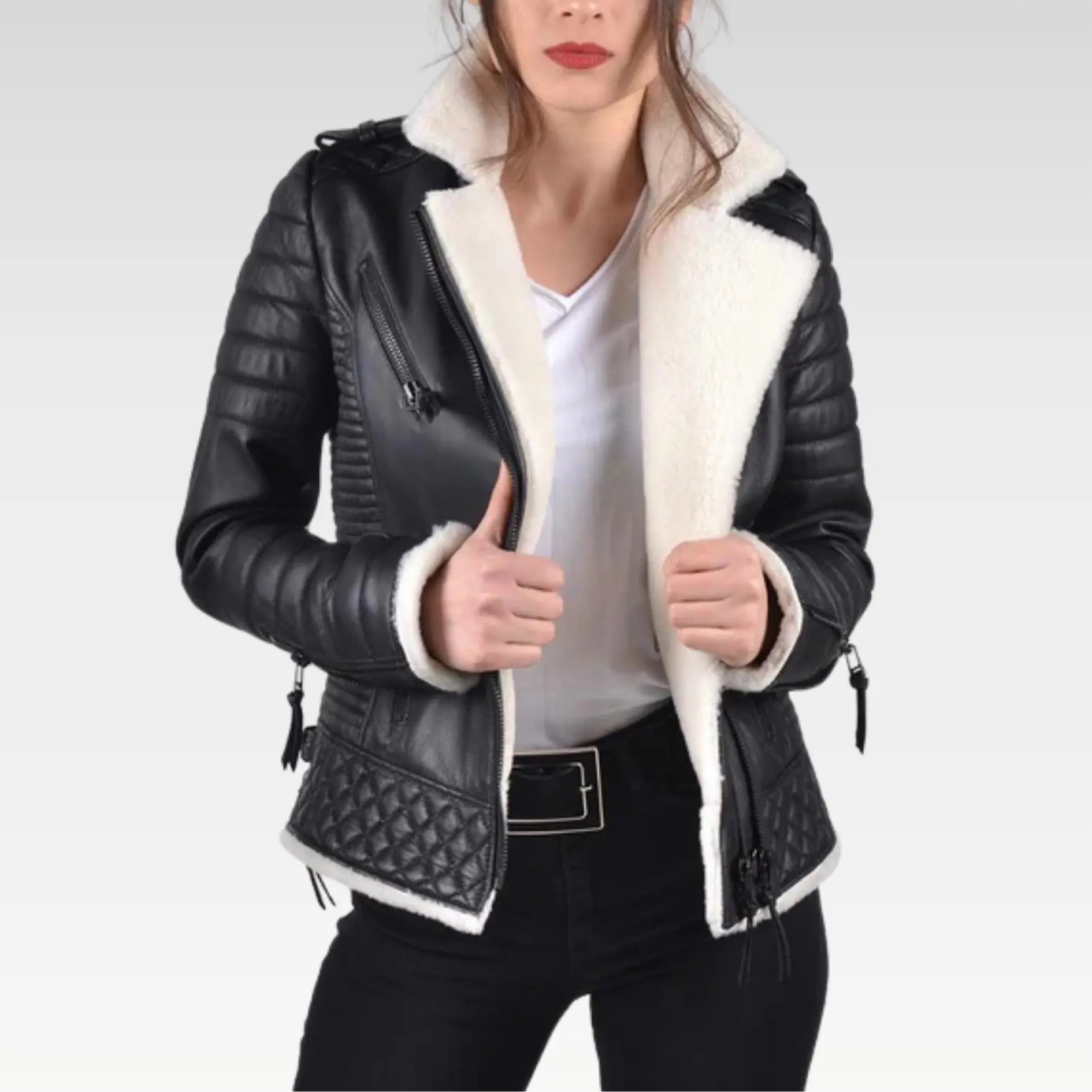 White Shearling Leather Biker Jacket