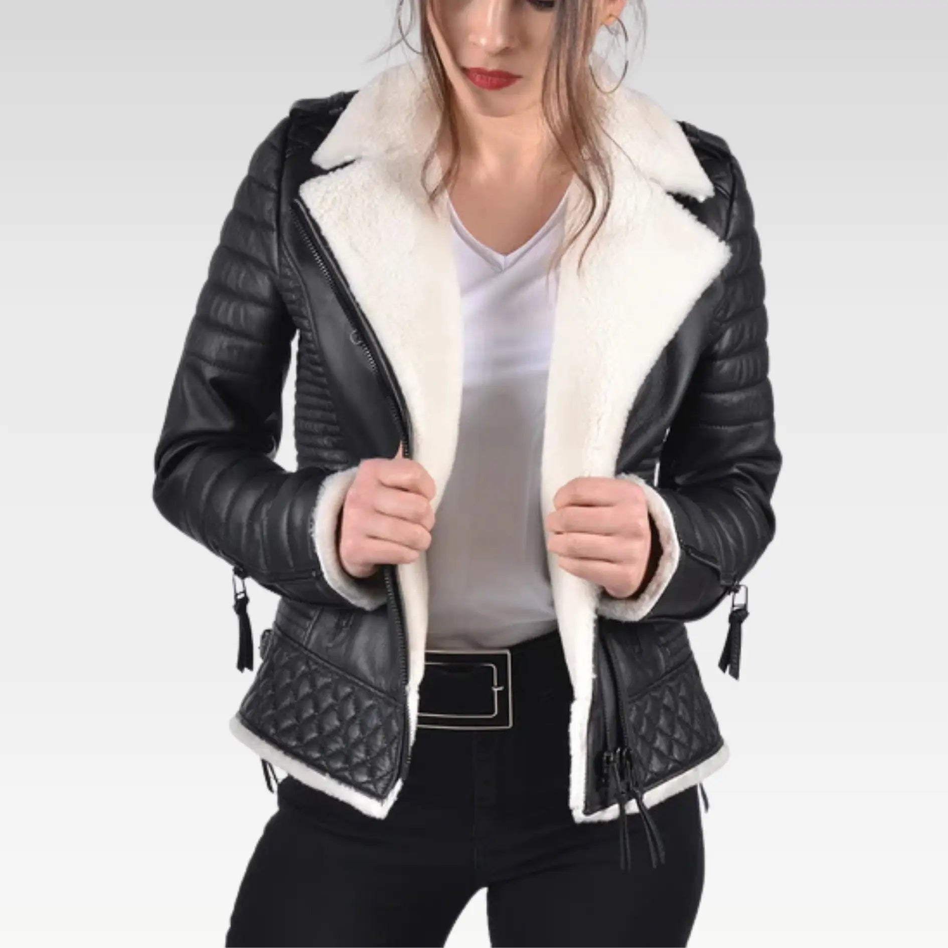 White Shearling Leather Biker Jacket