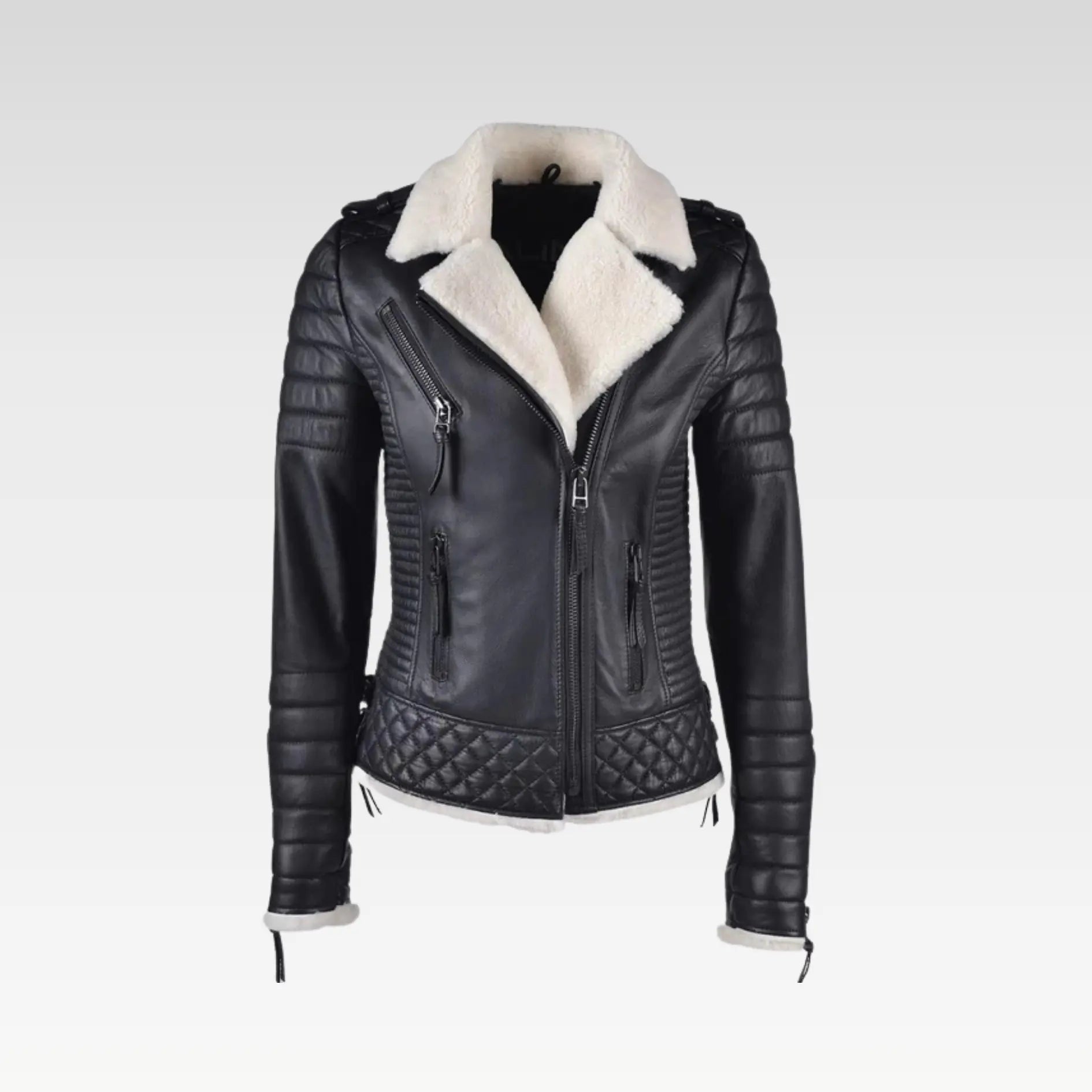 White Shearling Leather Biker Jacket
