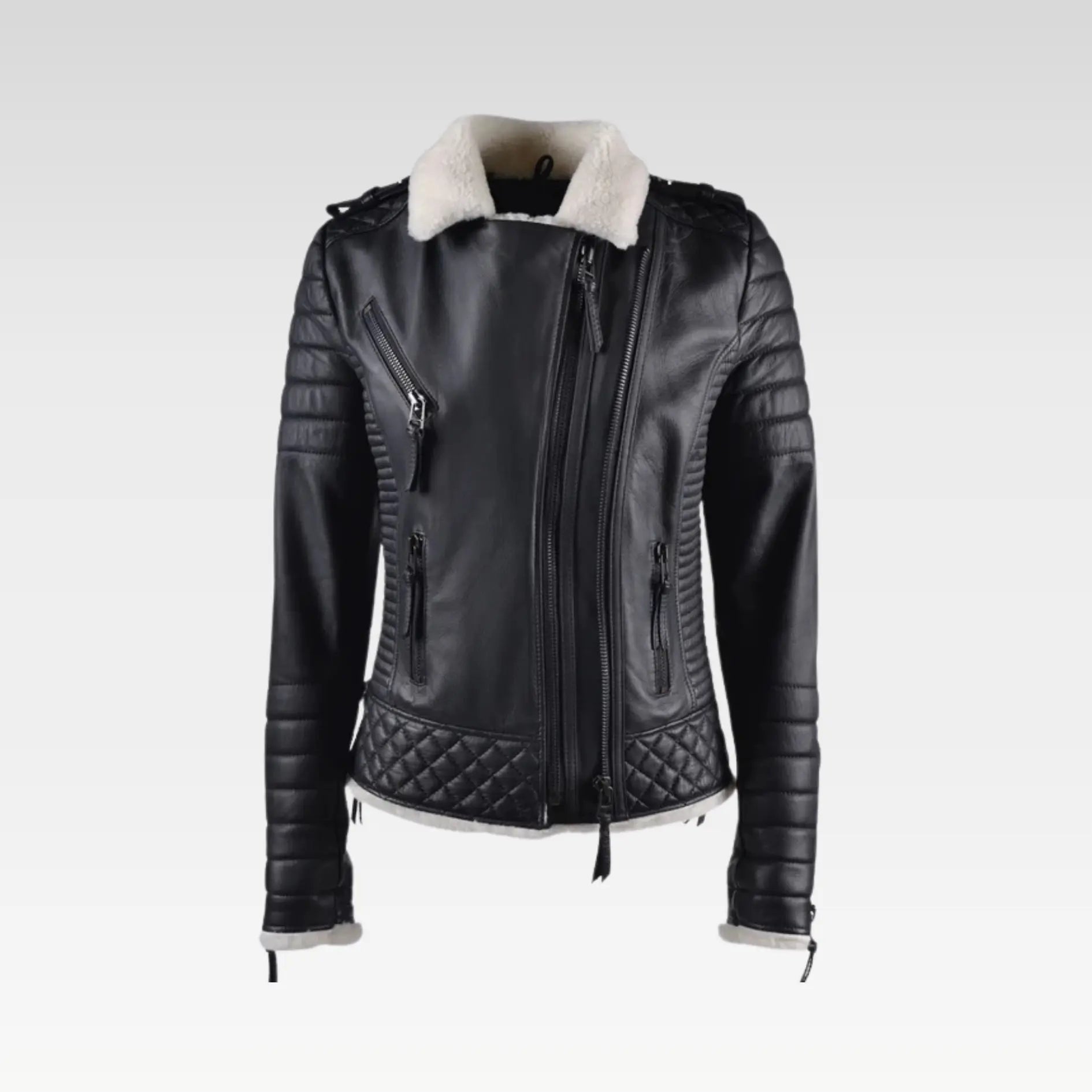 White Shearling Leather Biker Jacket