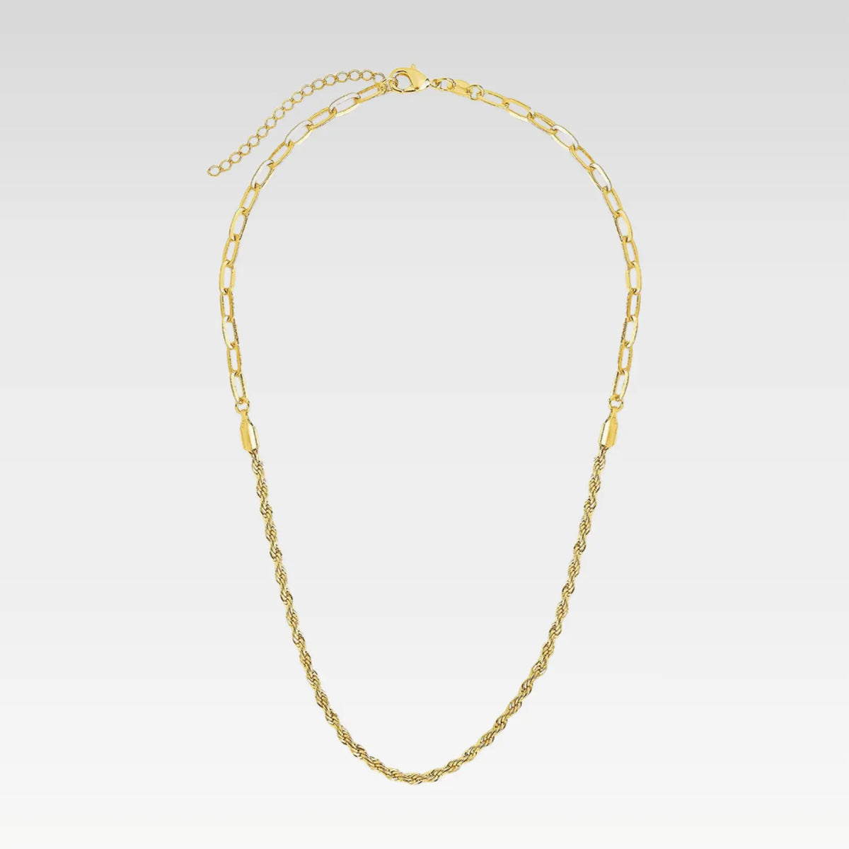 Woman wearing 14K gold plated rope twist chain necklace with black top, demonstrating versatile styling for casual and dressy outfits