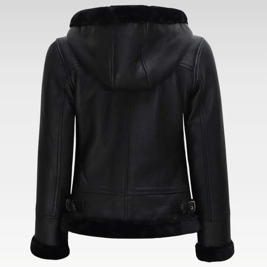 Womens Black Leather Hooded Shearling Jacket