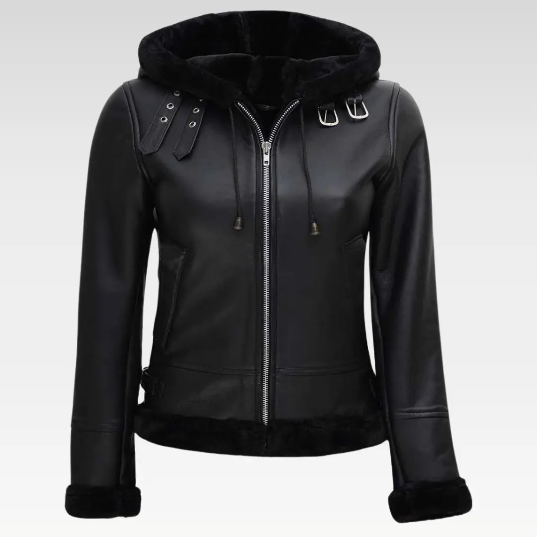 Womens Black Leather Hooded Shearling Jacket