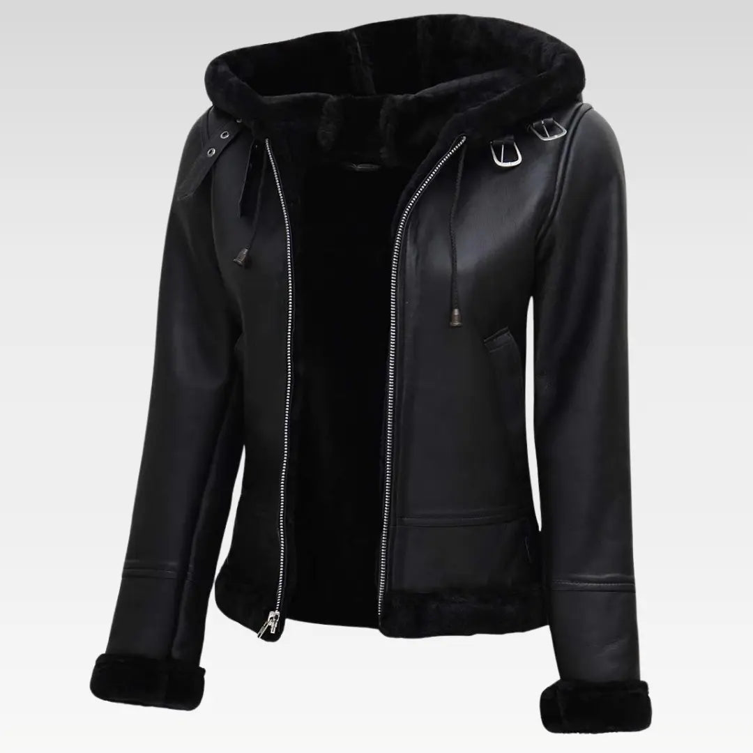 Womens Black Leather Hooded Shearling Jacket