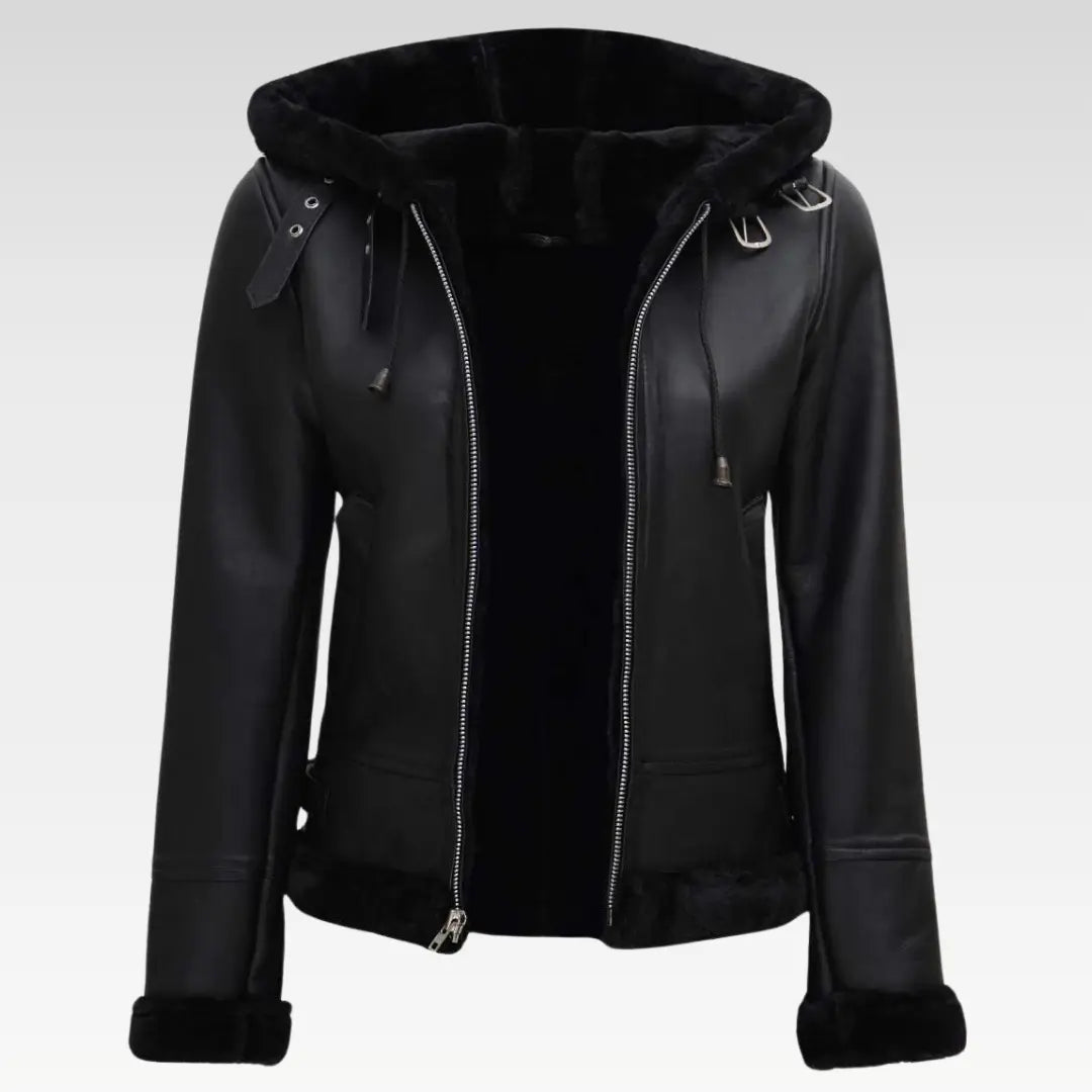 Womens Black Leather Hooded Shearling Jacket