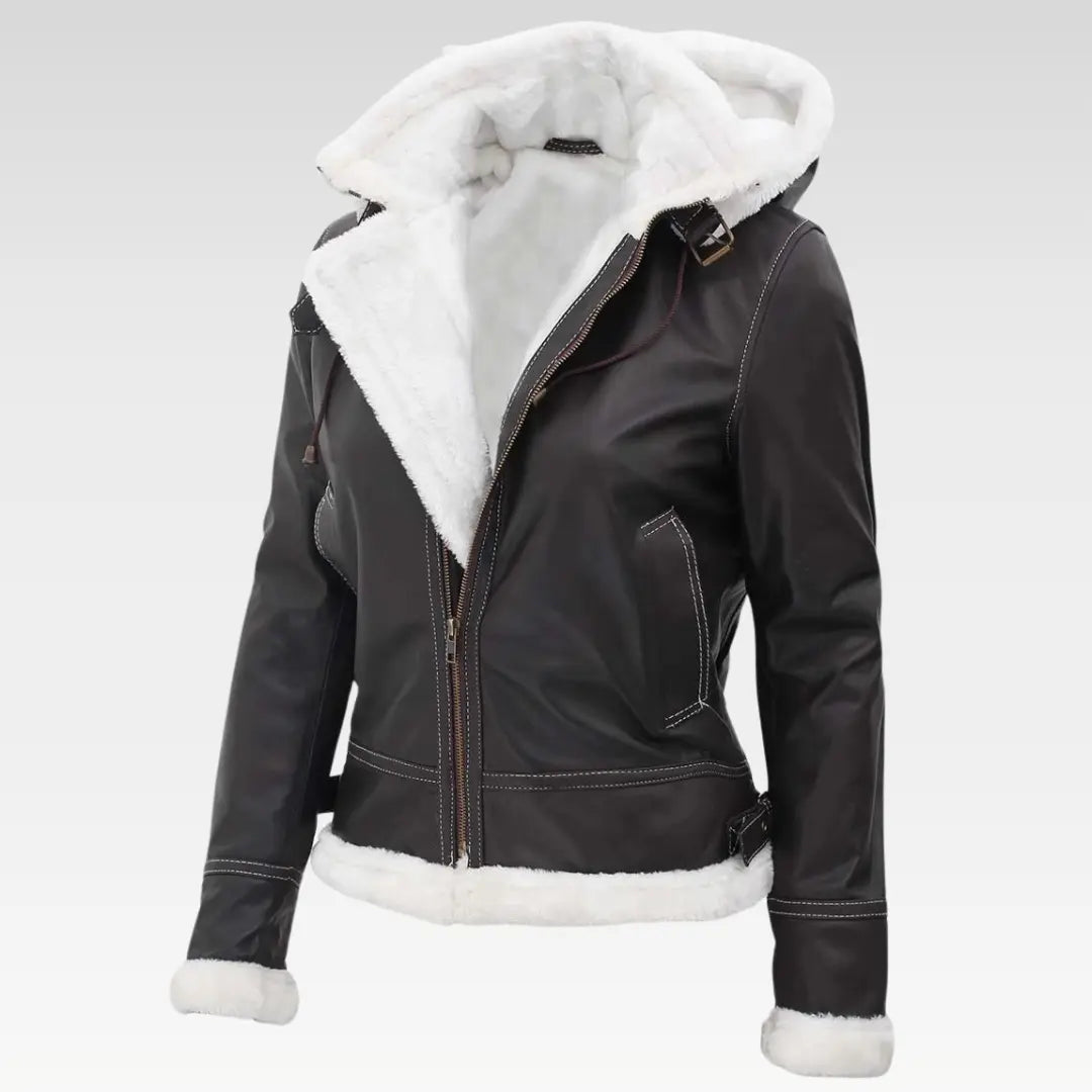 Womens Bomber Shearling Leather Jacket With Removable Hood