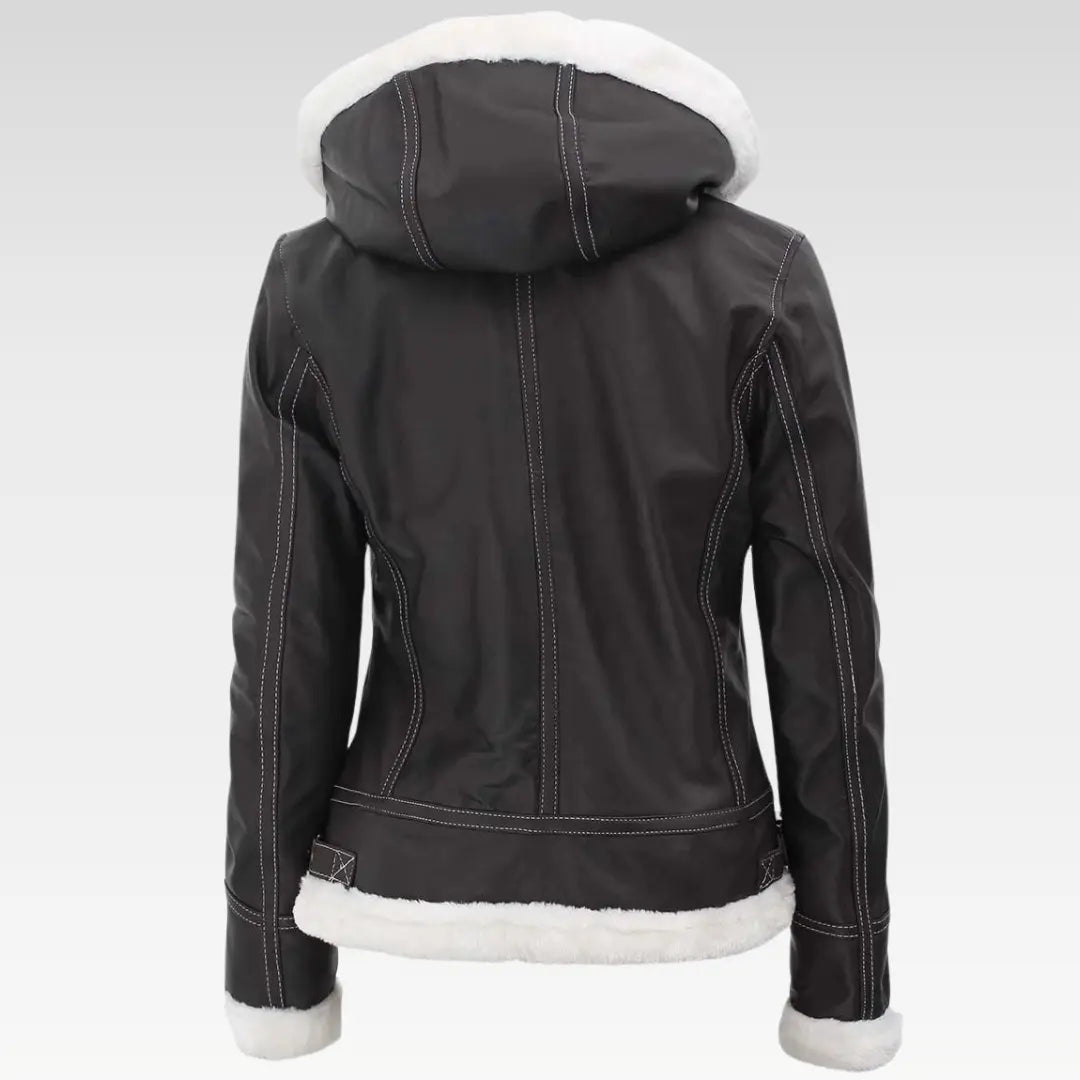 Womens Bomber Shearling Leather Jacket With Removable Hood