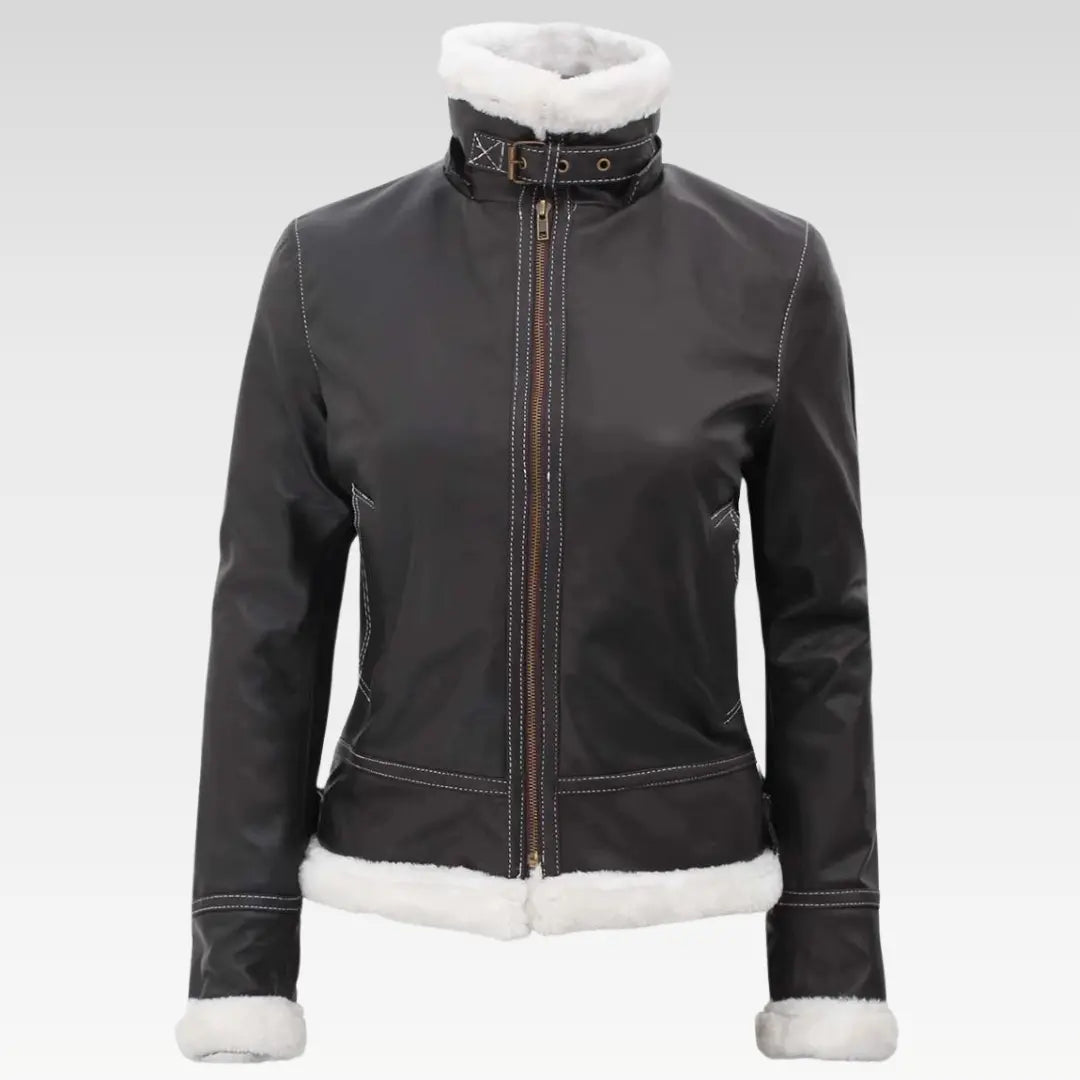 Womens Bomber Shearling Leather Jacket With Removable Hood