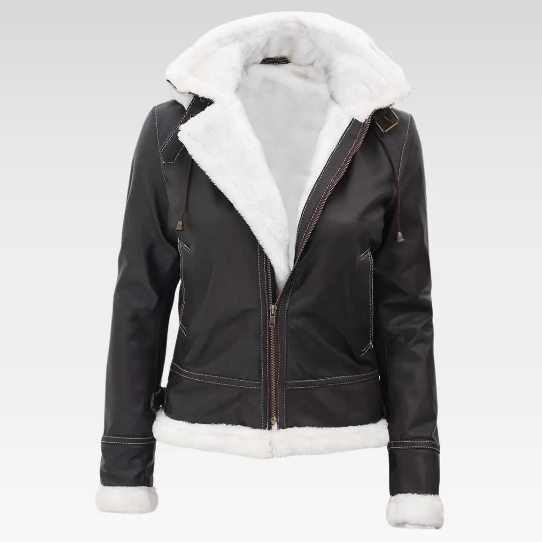 Womens Bomber Shearling Leather Jacket With Removable Hood