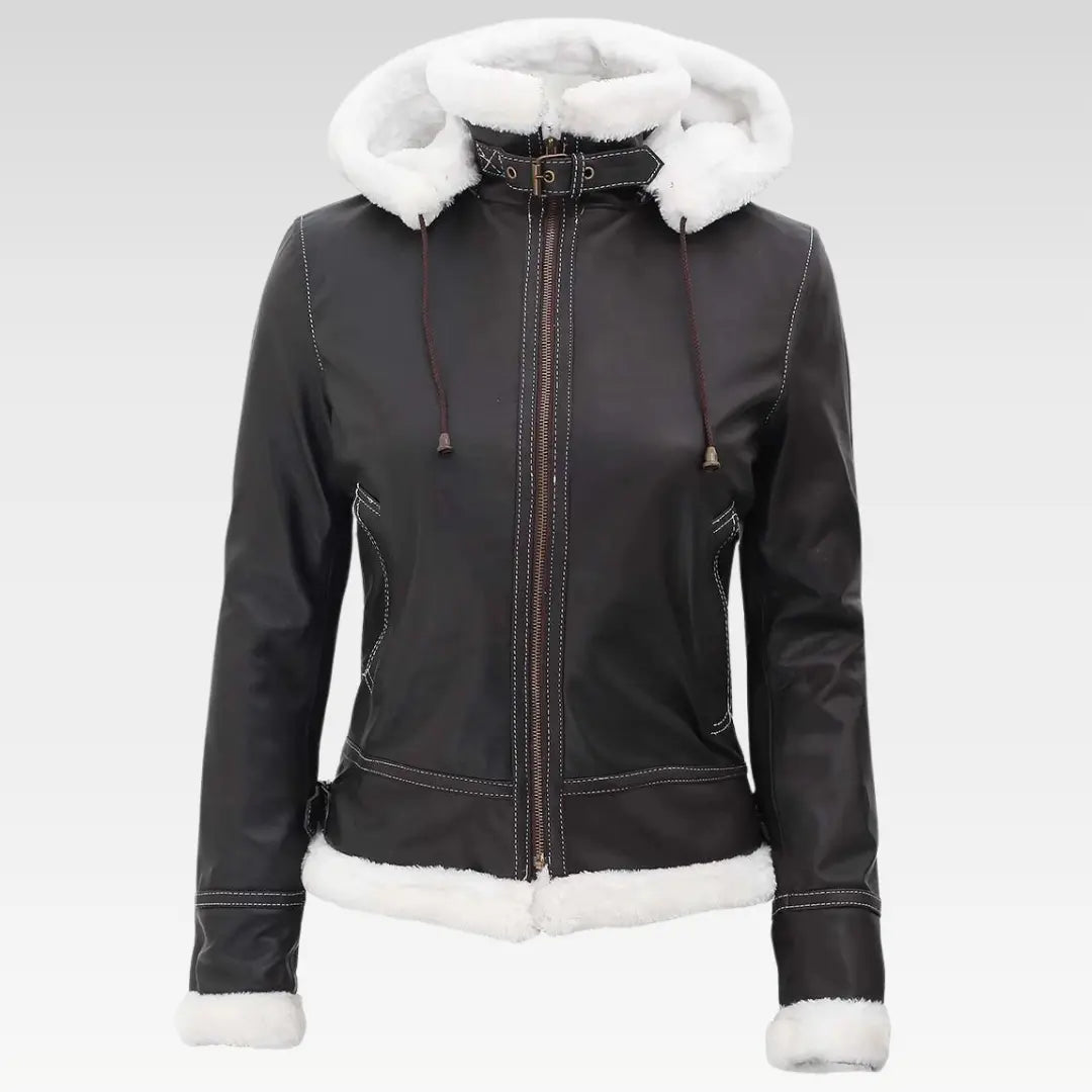 Womens Bomber Shearling Leather Jacket With Removable Hood