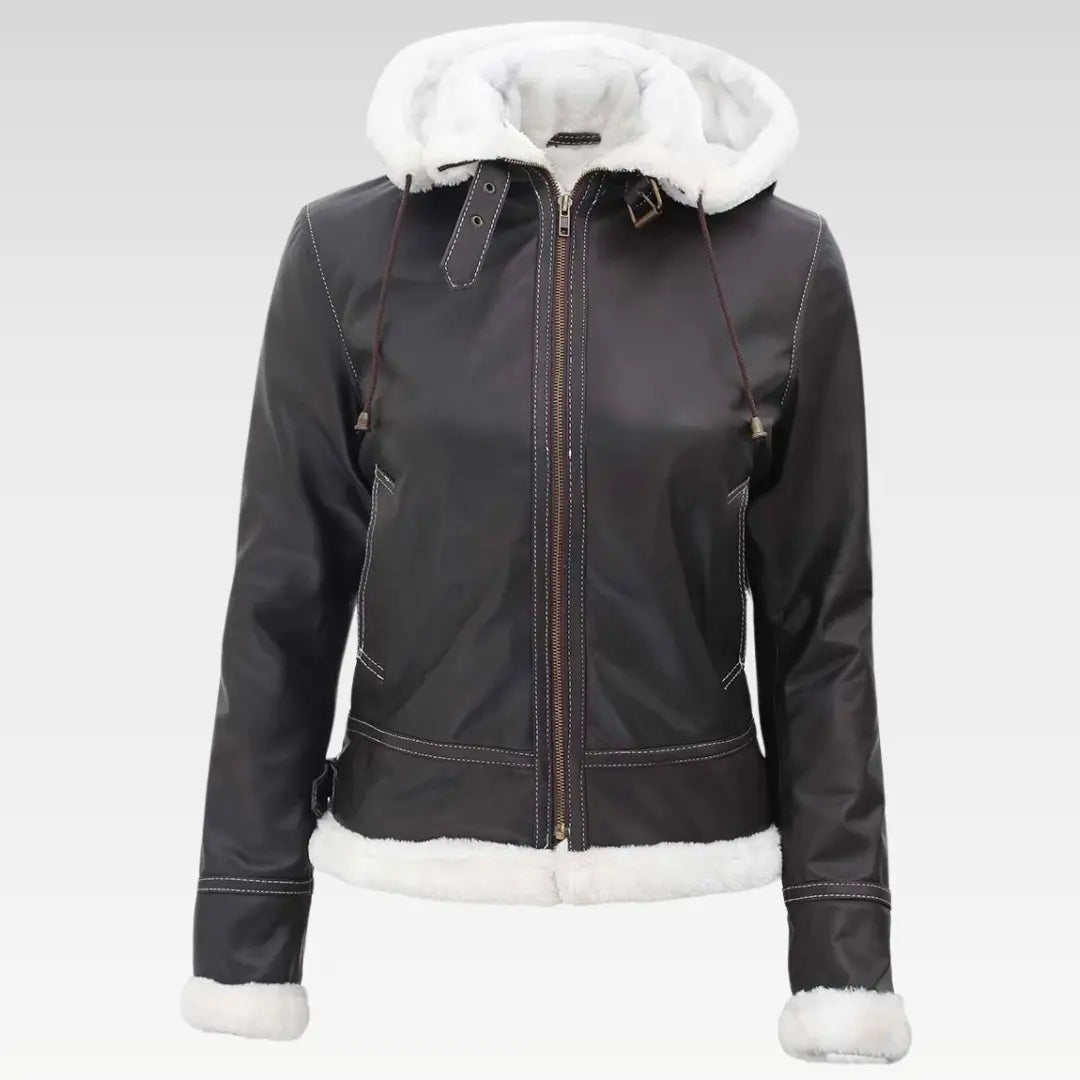 Womens Bomber Shearling Leather Jacket With Removable Hood