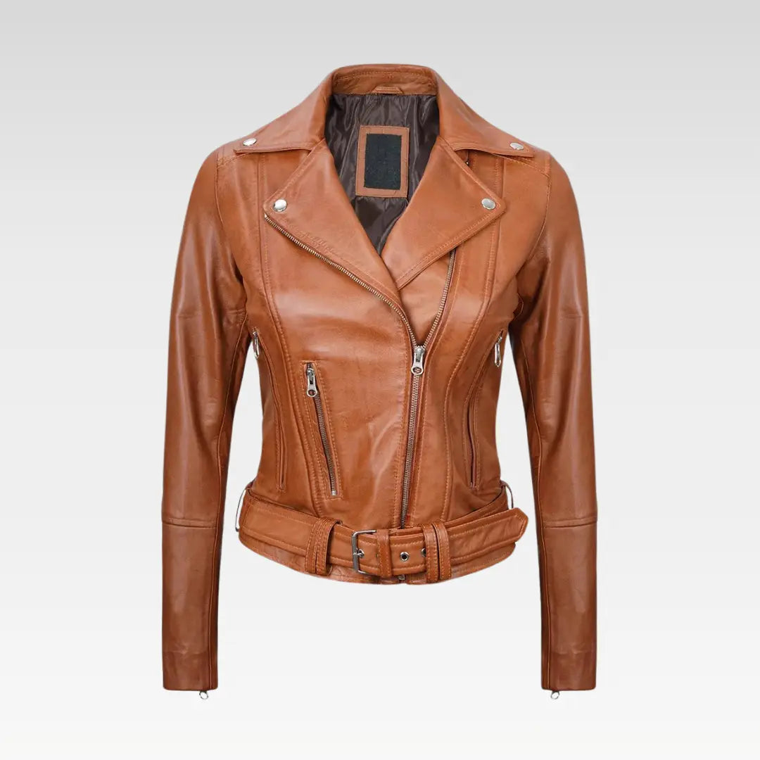 Womens Light Brown Asymmetrical Leather Biker Jacket - Belted