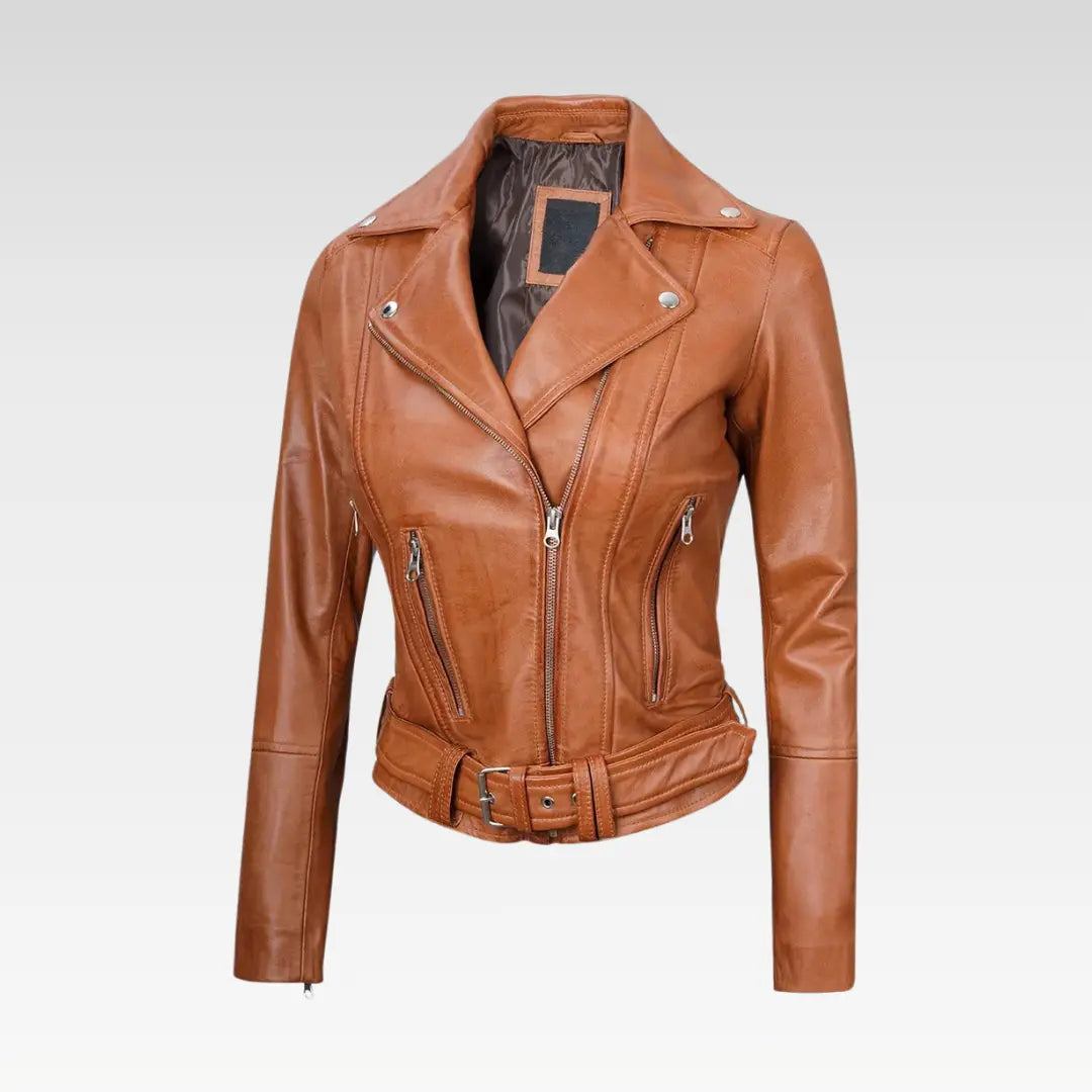 Womens Light Brown Asymmetrical Leather Biker Jacket - Belted