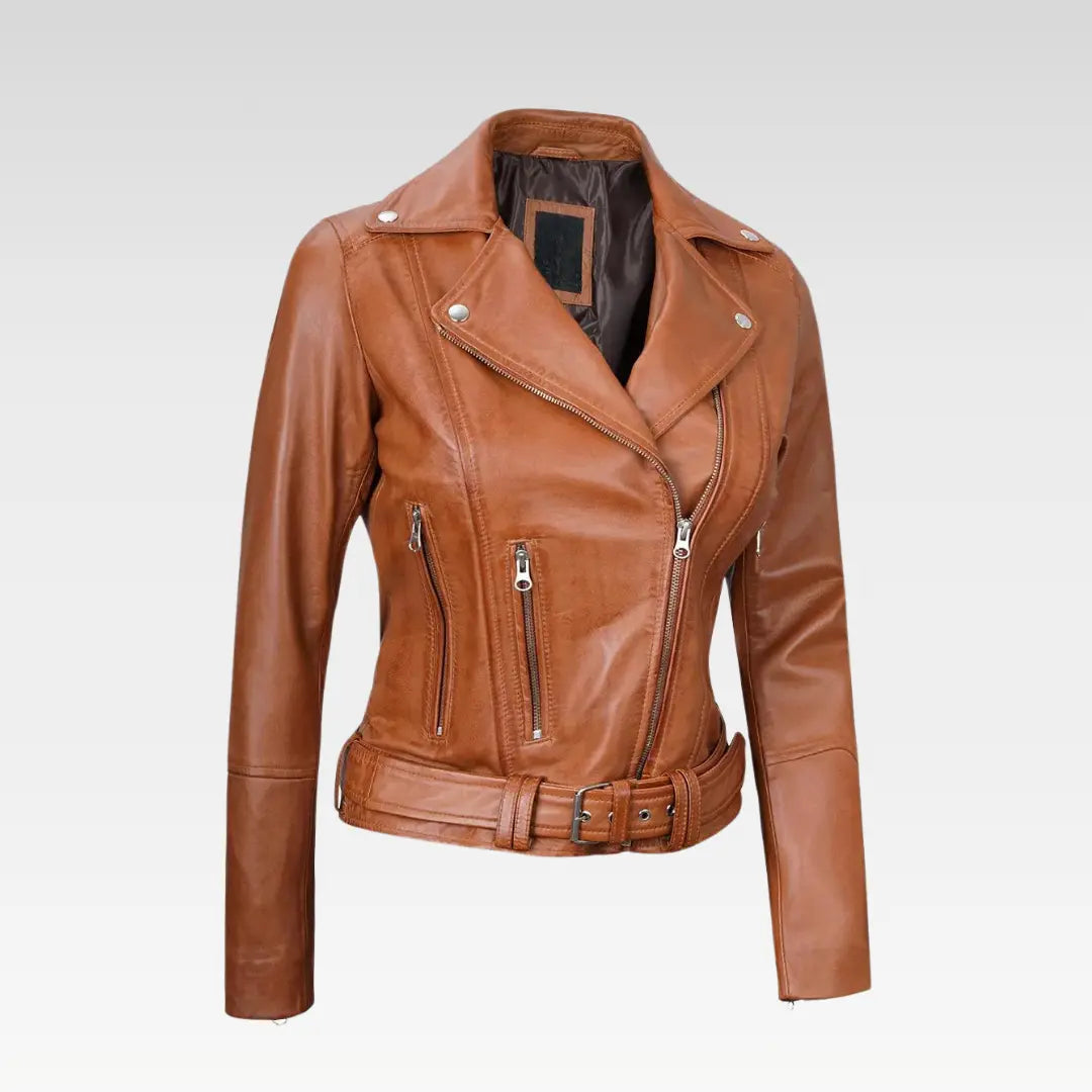 Womens Light Brown Asymmetrical Leather Biker Jacket - Belted