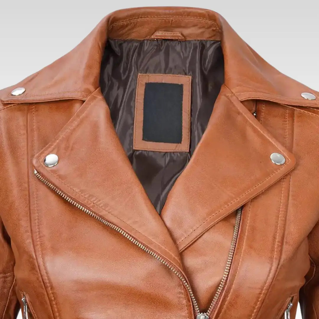 Womens Light Brown Asymmetrical Leather Biker Jacket - Belted