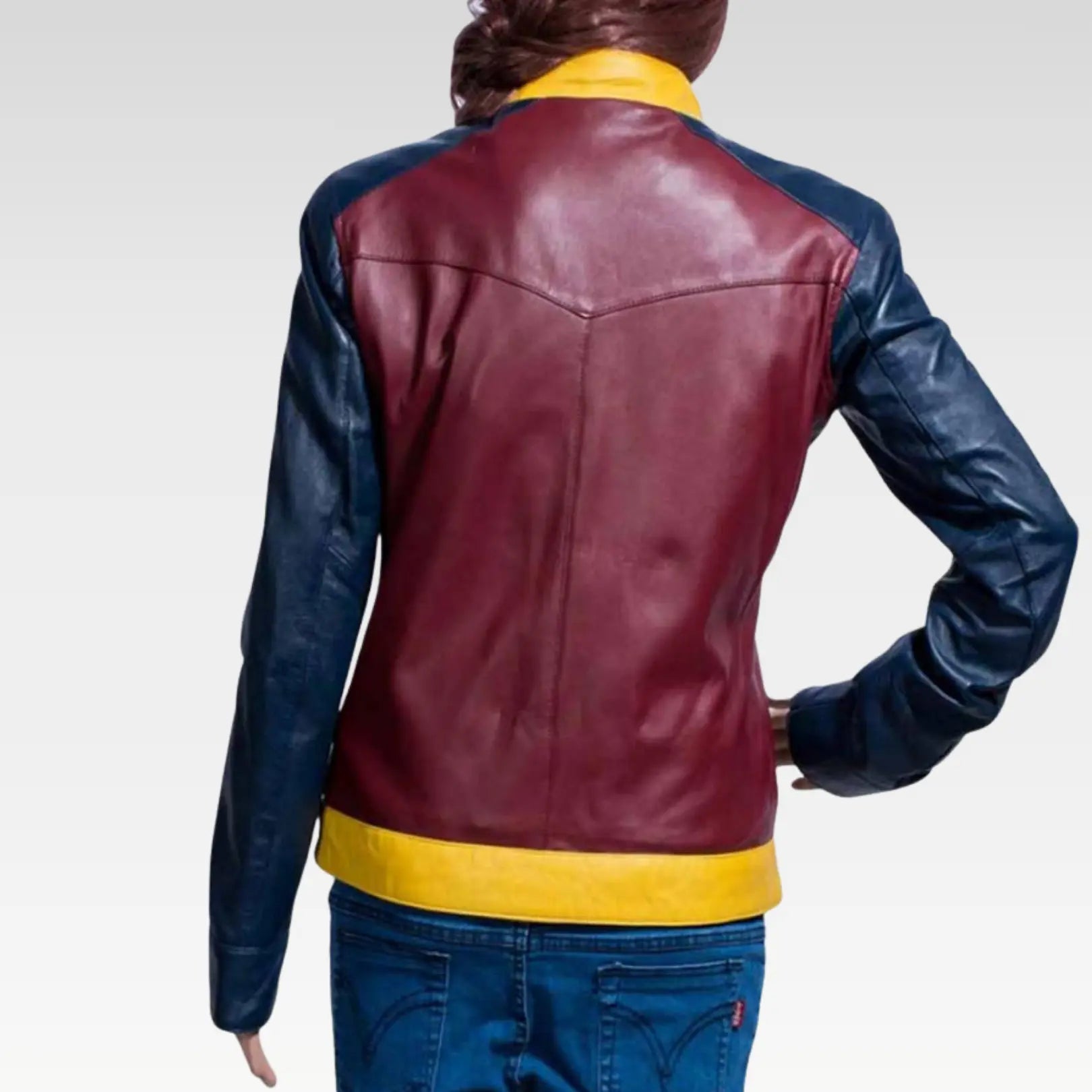Back view of the Wonder Woman Diana Jacket displaying its elegant silhouette, premium leather material, and vibrant maroon and yellow design, perfect for a confident and stylish superhero appearance.