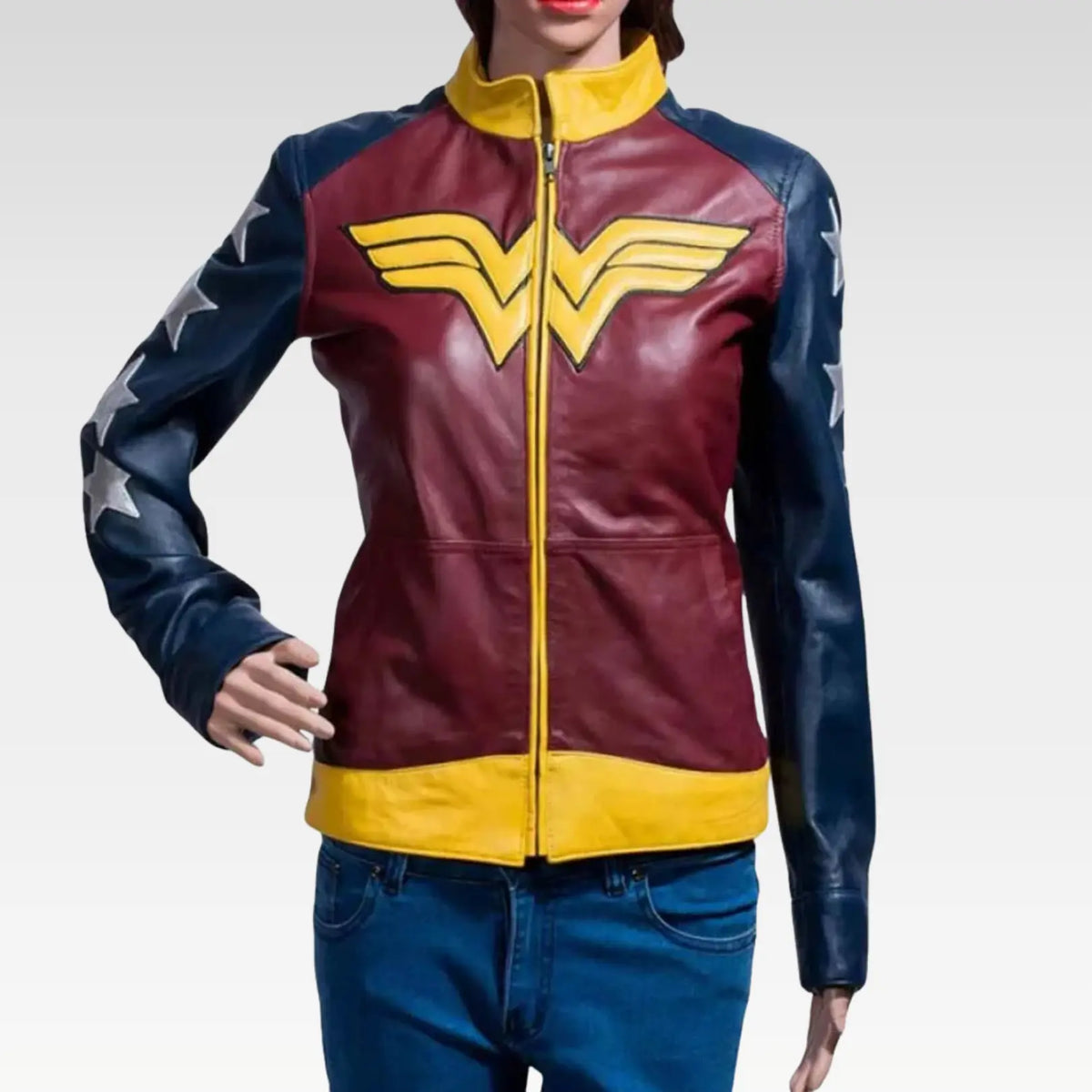 Front view of the Wonder Woman Diana Leather Jacket showcasing premium genuine leather, vibrant blue, yellow, and maroon colors, with a zippered closure and stand-up collar for a heroic, stylish look.