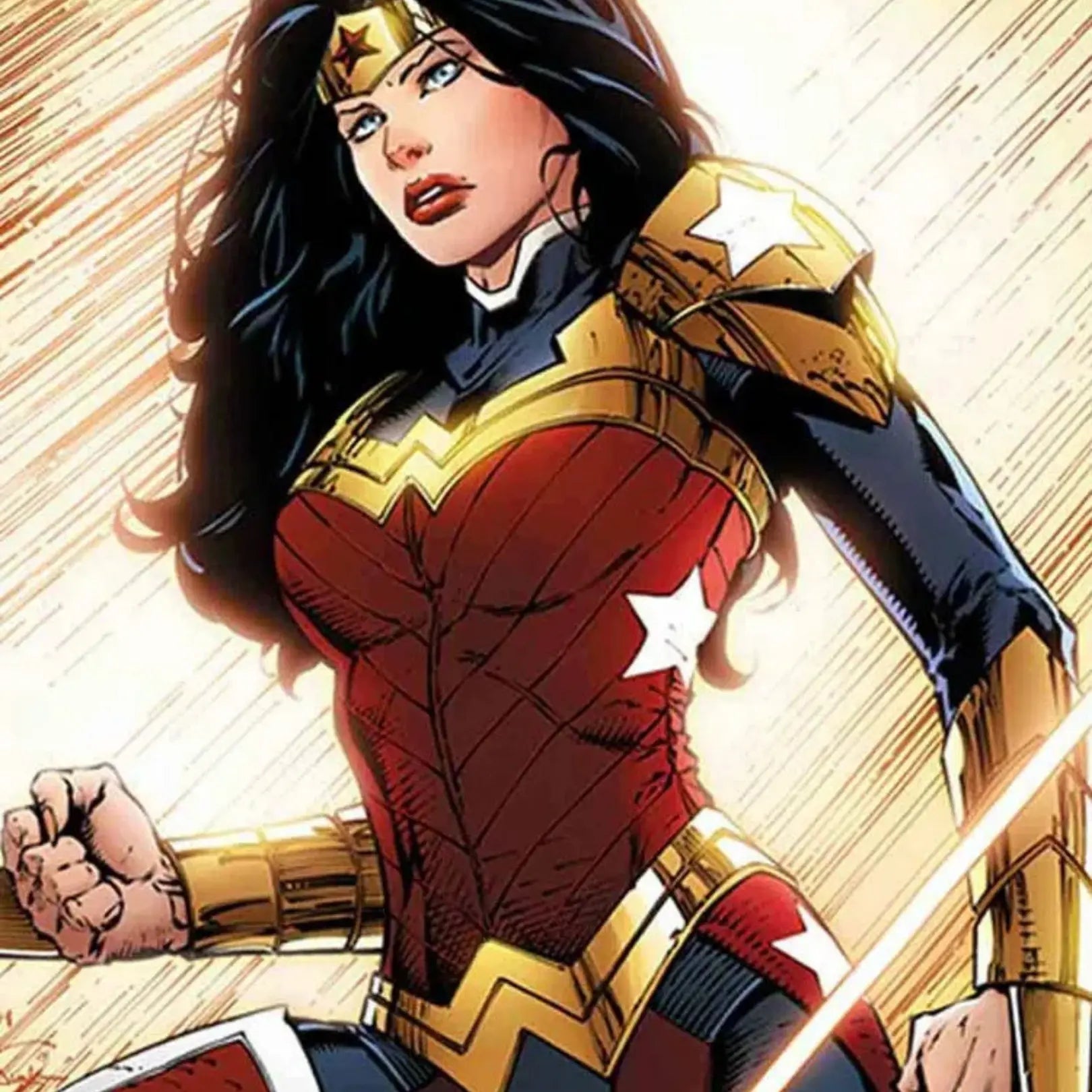 Full back view of the Wonder Woman Leather Jacket featuring iconic blue, yellow, and maroon colors, with practical waist flap pockets and fine stitching, embodying timeless superhero fashion and durability