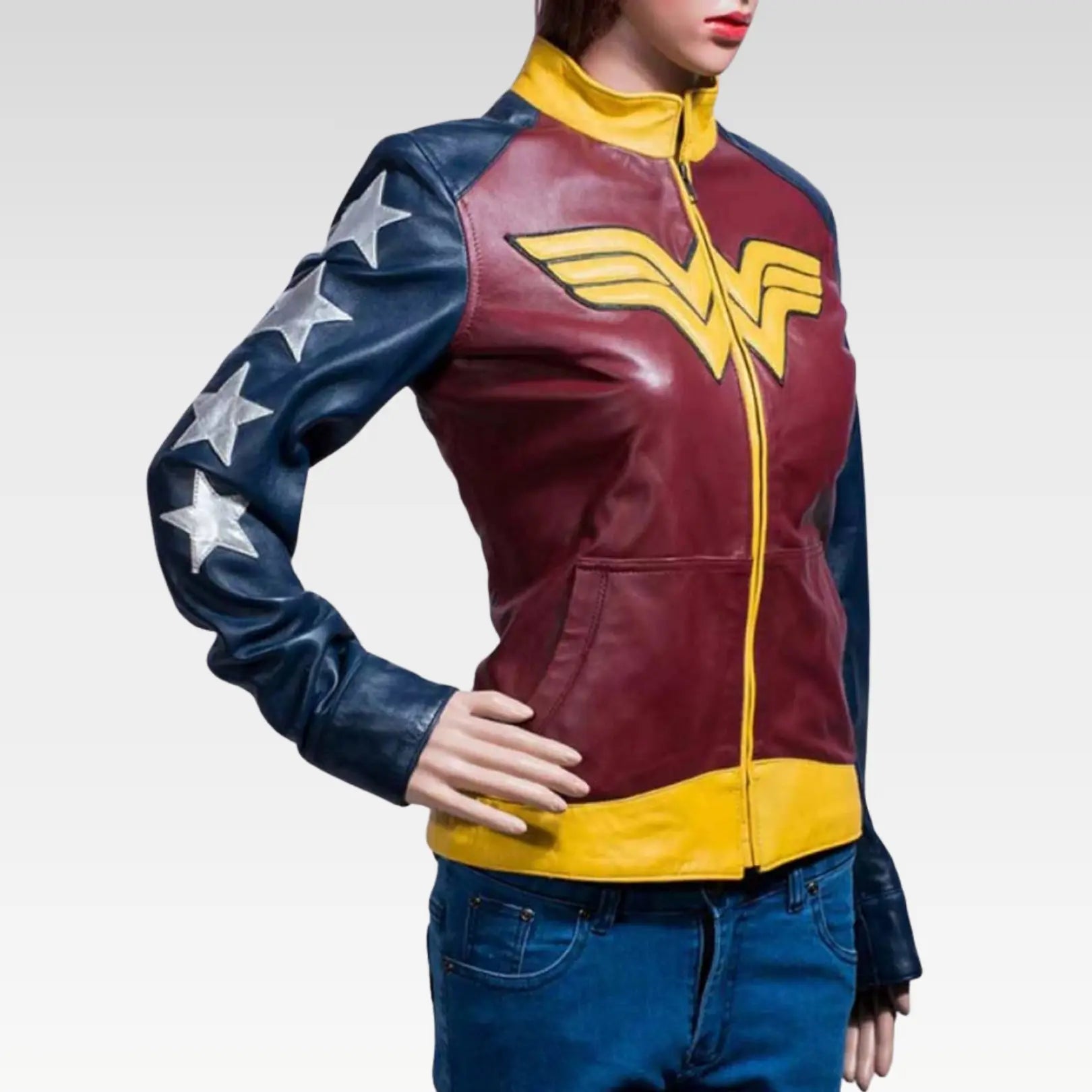 Side profile of the Wonder Woman Leather Jacket highlighting its tailored fit, full sleeves, and open cuffs, crafted from premium leather with a striking blue and yellow color scheme for a bold superhero vibe.