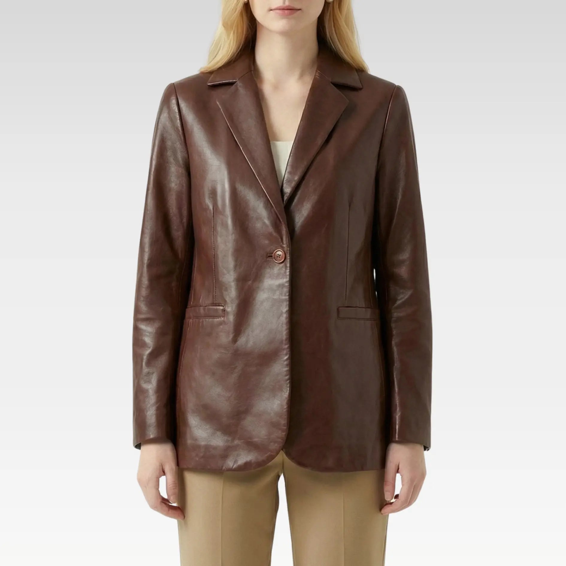 Women’s brown genuine sheepskin leather blazer front product view