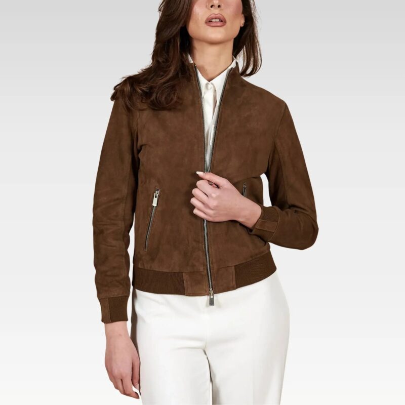 Woman wearing a brown suede jacket on a white background