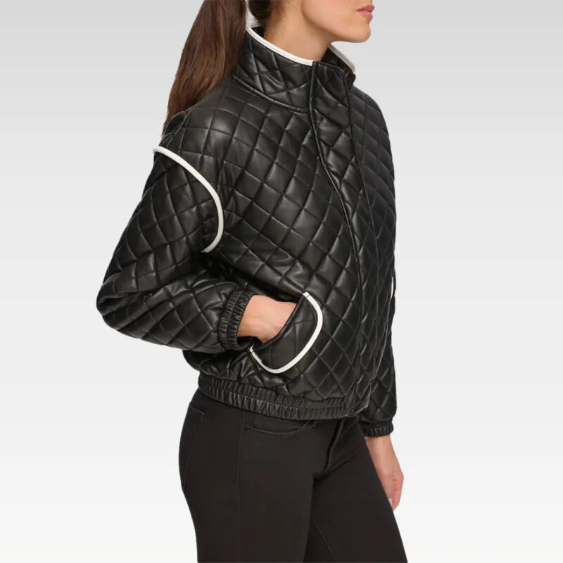 Side view of Alia Black Quilted Bomber Leather Jacket highlighting functional pocket, sleek stitching, and fitted silhouette.