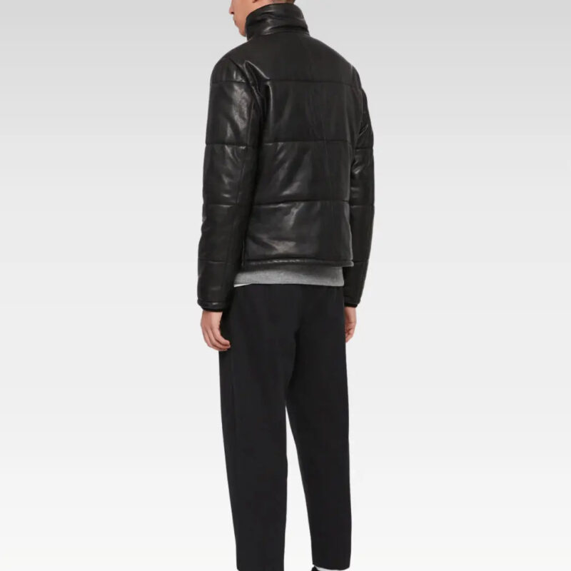 Full back view of the Amine Black Puffer Leather Jacket in genuine cow leather, featuring a slim fit and sleek funnel neck design.