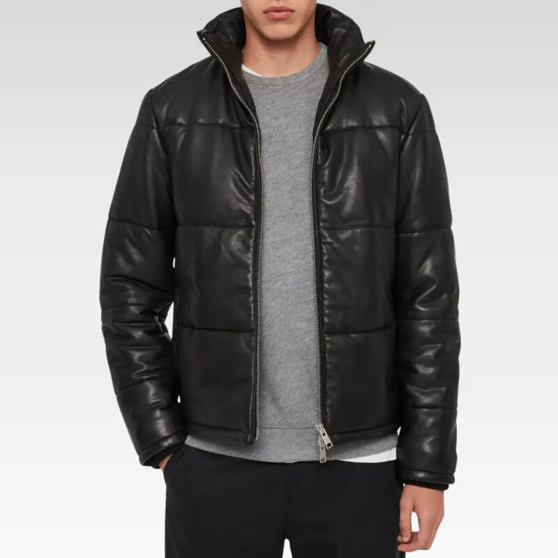 Amine Black Puffer Leather Jacket styled open over a grey shirt, highlighting the inner lining and streetwear-inspired design.