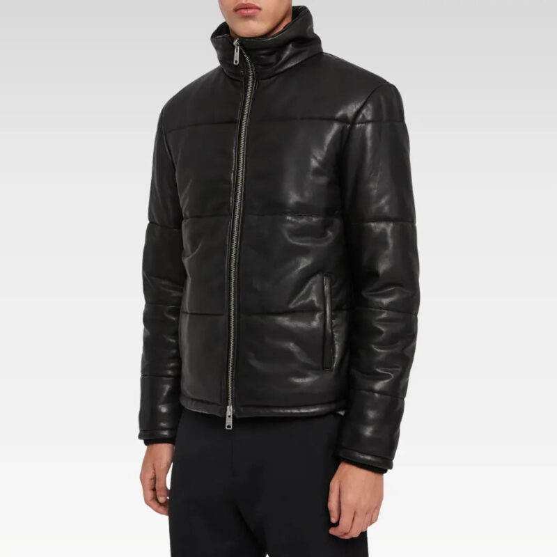 Side angle of the Amine Black Puffer Leather Jacket showing premium soft cow leather texture and modern tailored fit.