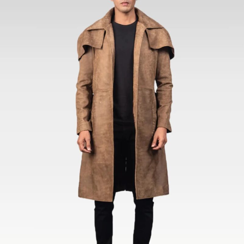 Army brown leather duster styled with black outfit, featuring longline cut, vintage finish, and practical storage pockets.