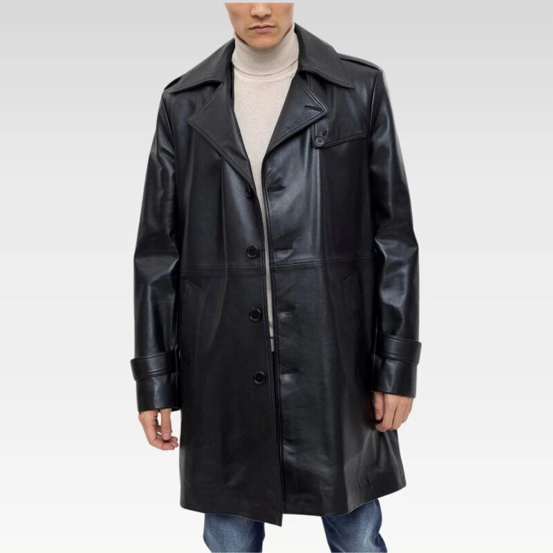 Full front view of a Black Axel Leather Coat, crafted from 100% genuine leather, with a roomy bust, tailored waist, and chic button-front design.